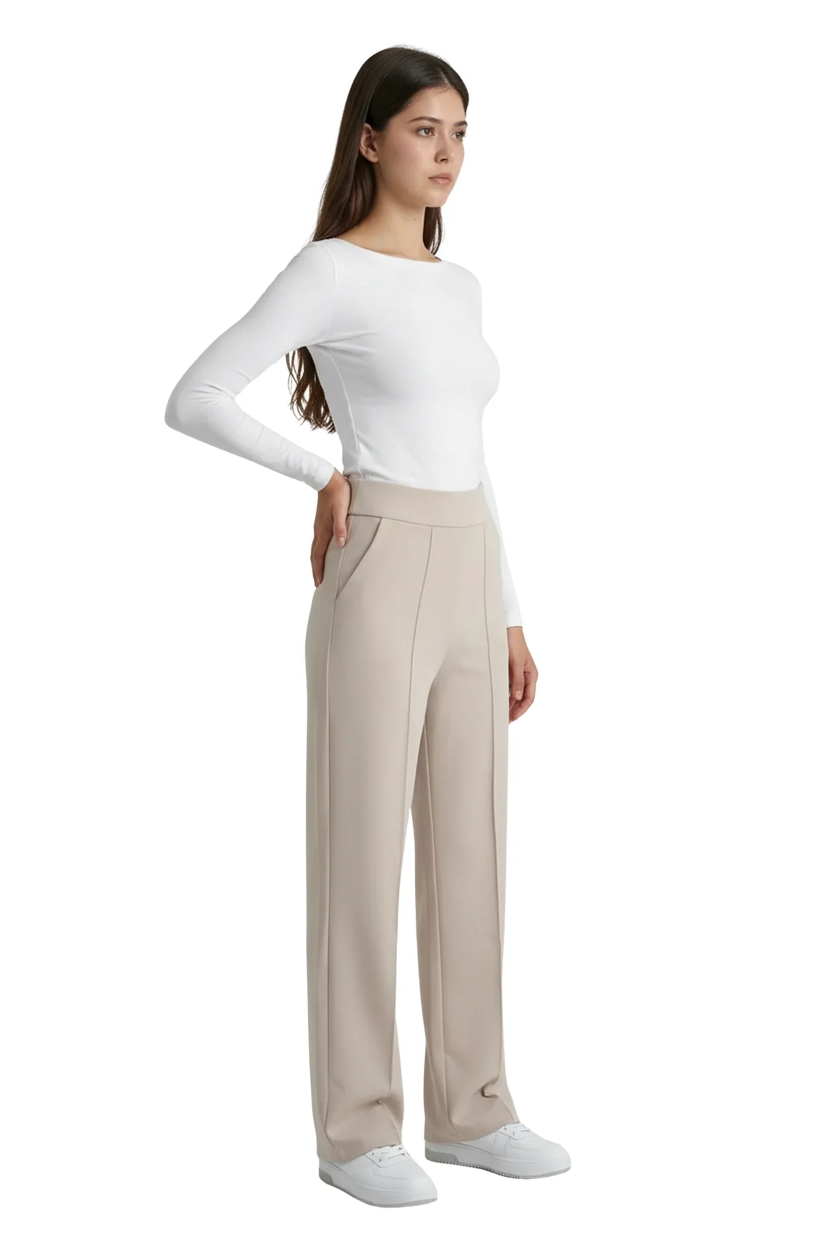 Kadın Bej Yüksek Bel Çimalı Dökümlü Krep Pantolon Esnek Geniş Paça