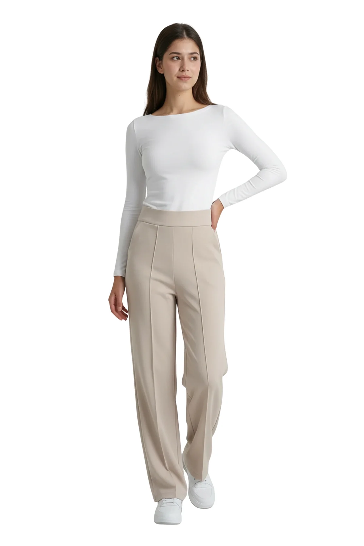 Kadın Bej Yüksek Bel Çimalı Dökümlü Krep Pantolon Esnek Geniş Paça