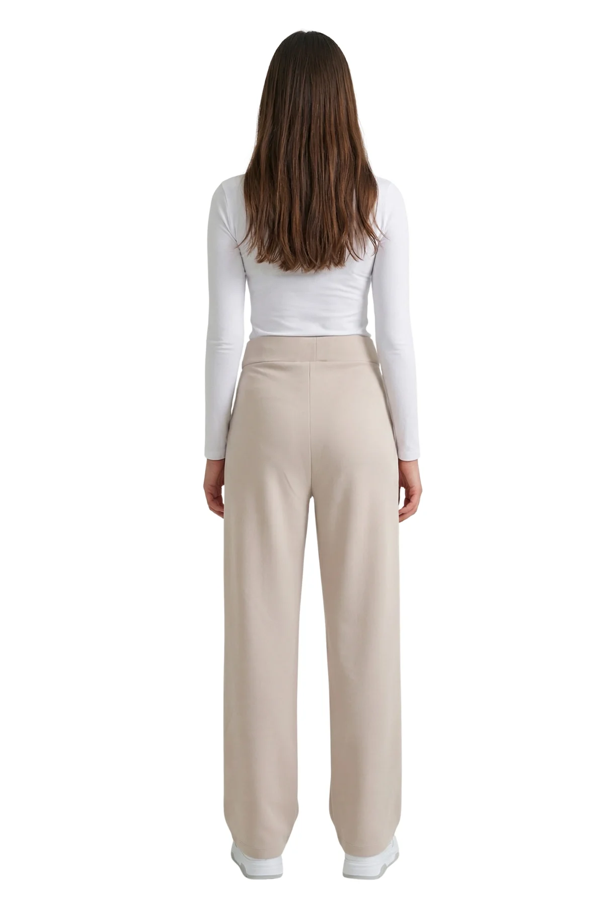 Kadın Bej Yüksek Bel Çimalı Dökümlü Krep Pantolon Esnek Geniş Paça