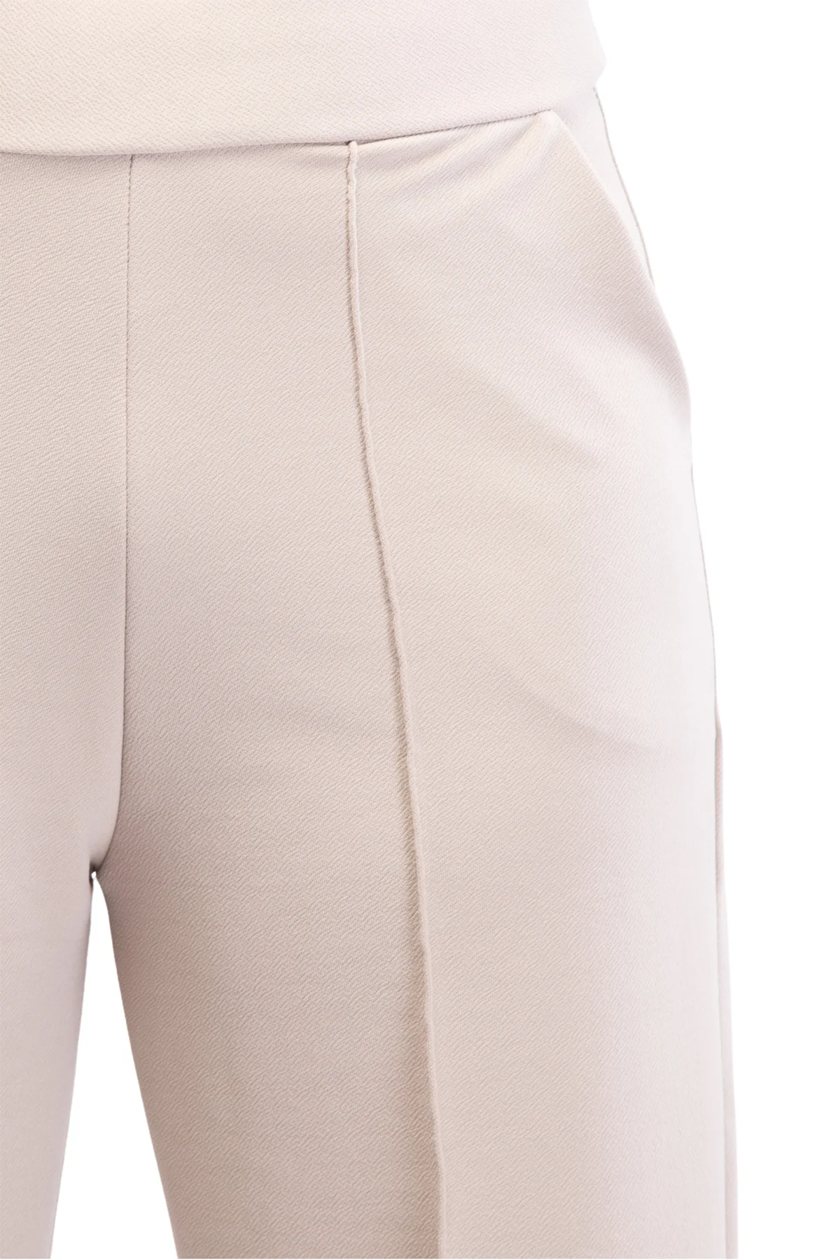 Kadın Bej Yüksek Bel Çimalı Dökümlü Krep Pantolon Esnek Geniş Paça