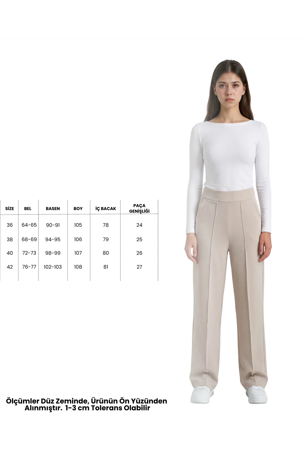 Kadın Bej Yüksek Bel Çimalı Dökümlü Krep Pantolon Esnek Geniş Paça