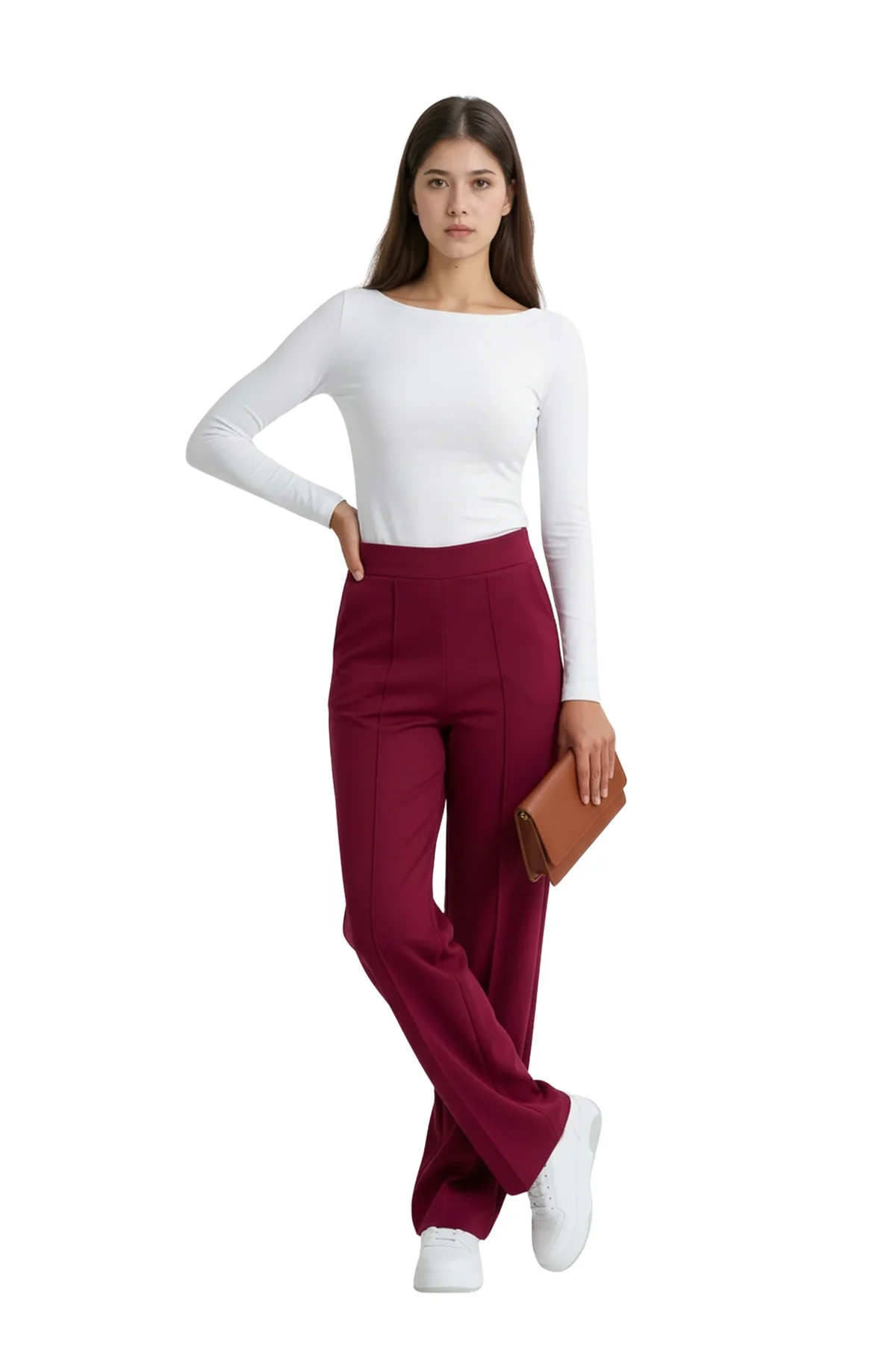 Kadın Bordo Yüksek Bel Çimalı Dökümlü Krep Pantolon Esnek Geniş Paça