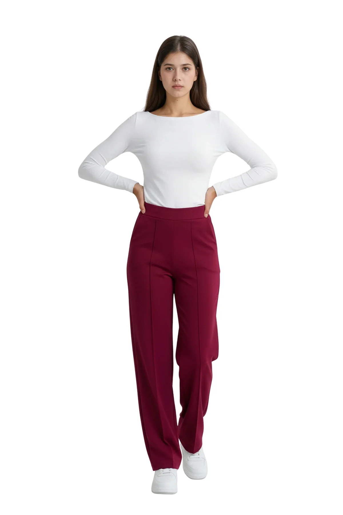 Kadın Bordo Yüksek Bel Çimalı Dökümlü Krep Pantolon Esnek Geniş Paça