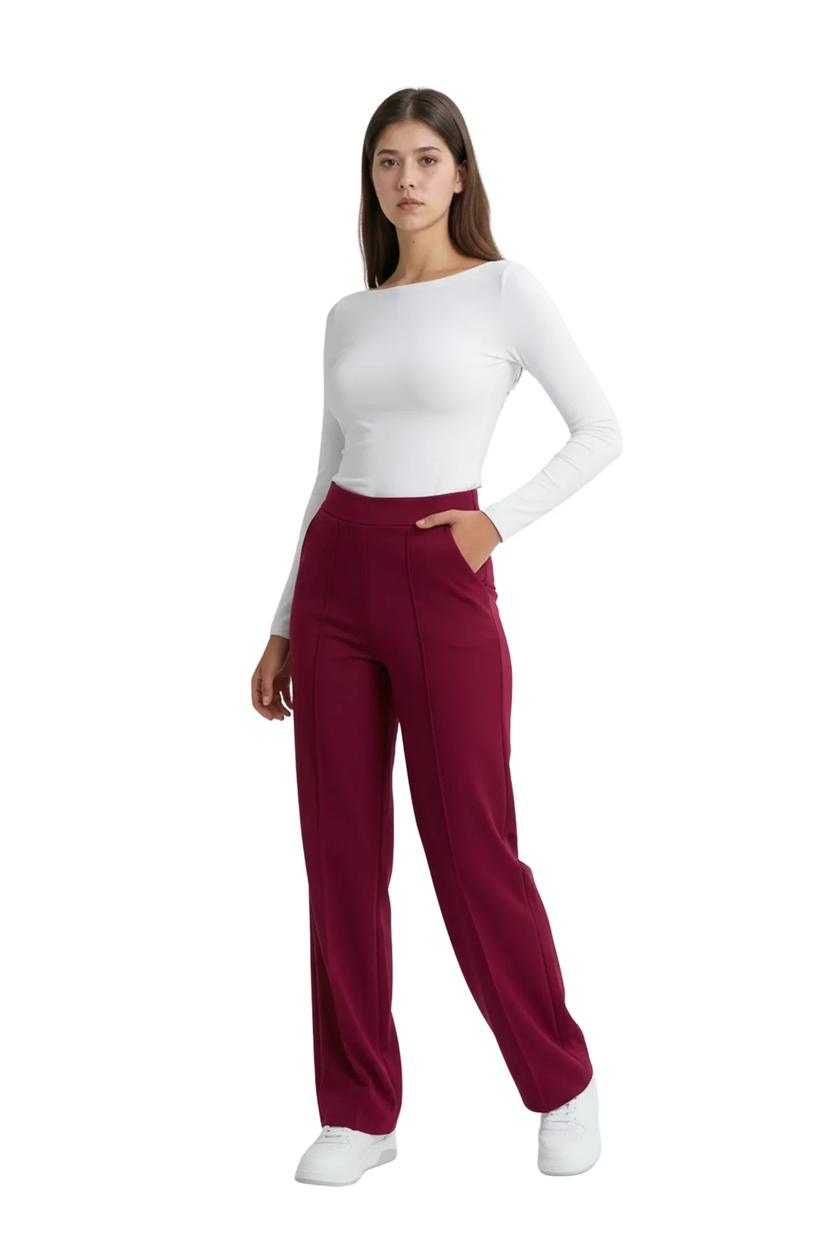 Kadın Bordo Yüksek Bel Çimalı Dökümlü Krep Pantolon Esnek Geniş Paça