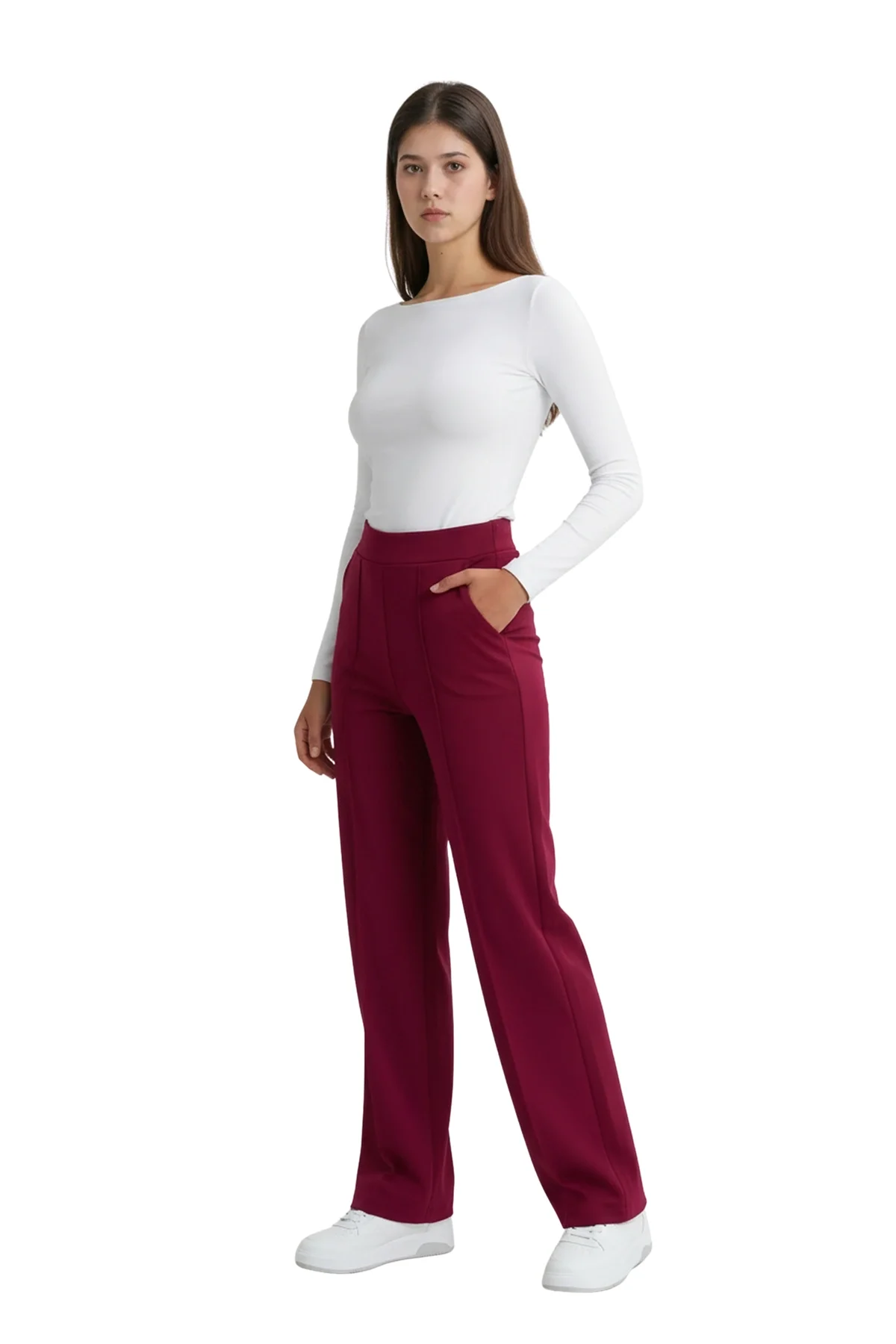 Kadın Bordo Yüksek Bel Çimalı Dökümlü Krep Pantolon Esnek Geniş Paça