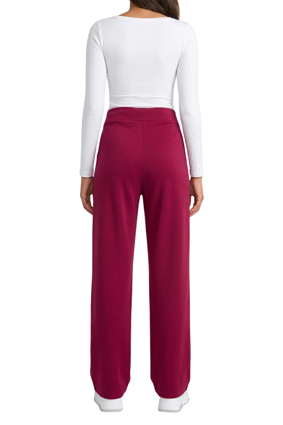 Kadın Bordo Yüksek Bel Çimalı Dökümlü Krep Pantolon Esnek Geniş Paça