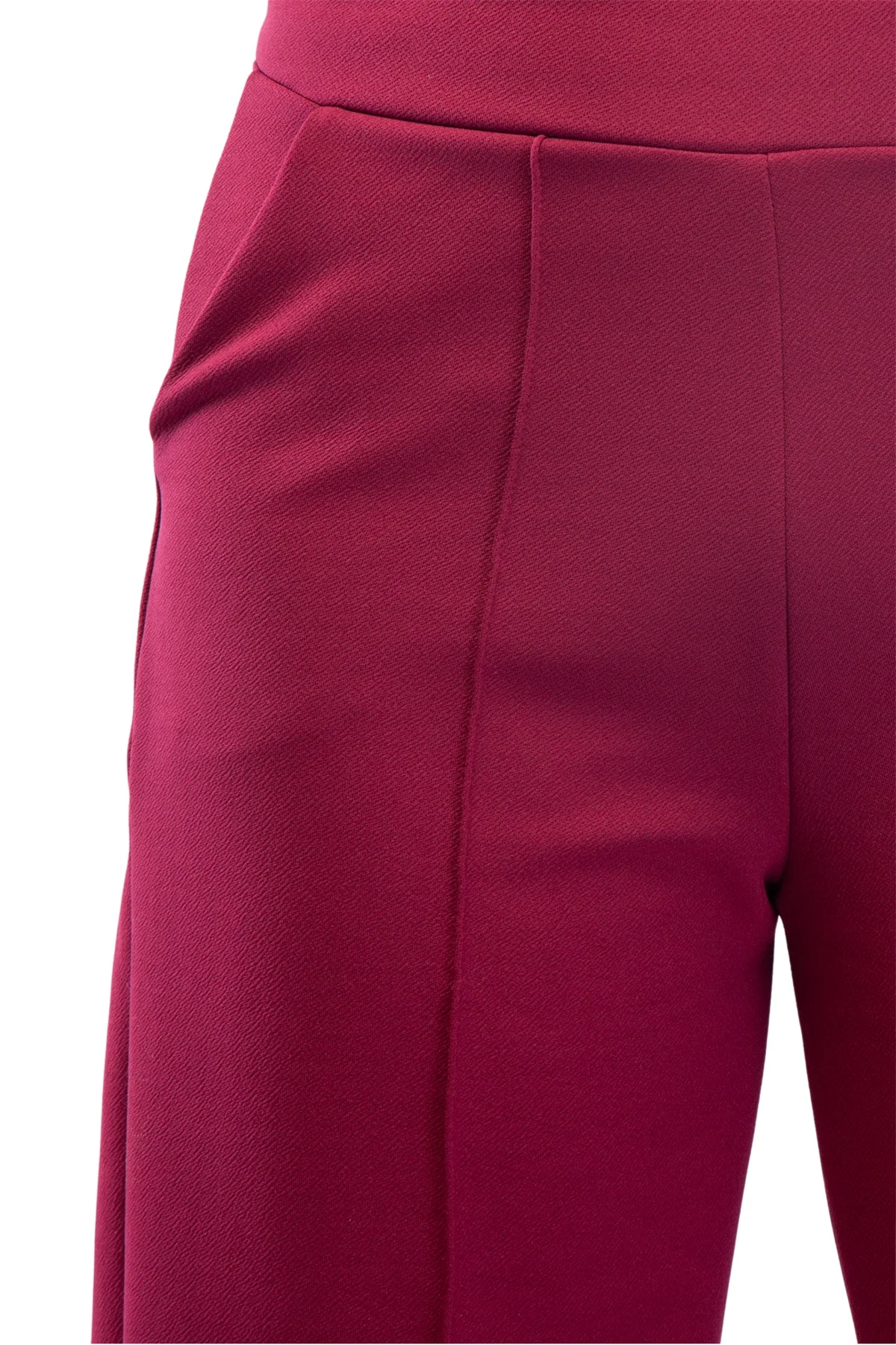 Kadın Bordo Yüksek Bel Çimalı Dökümlü Krep Pantolon Esnek Geniş Paça