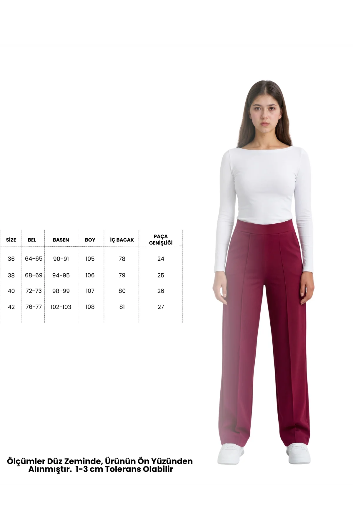 Kadın Bordo Yüksek Bel Çimalı Dökümlü Krep Pantolon Esnek Geniş Paça