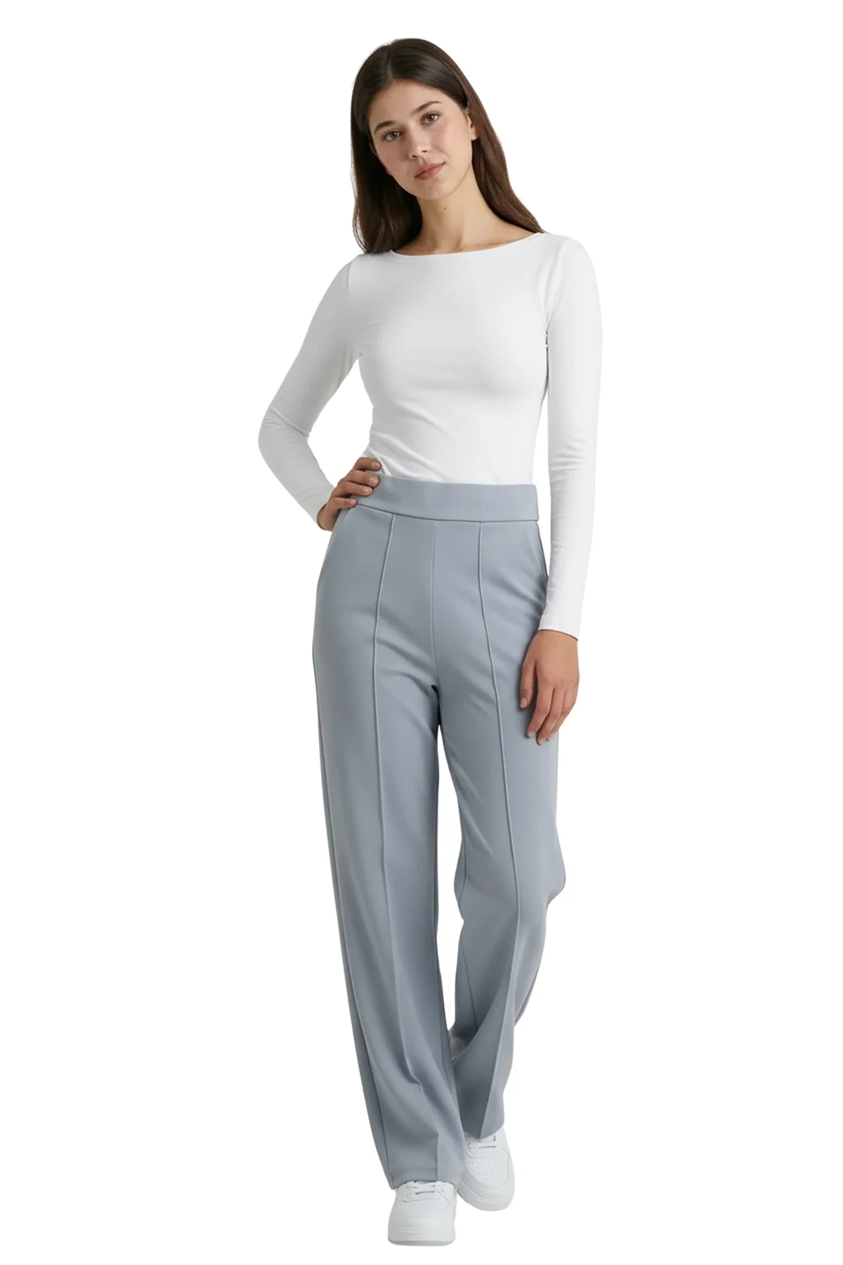 Kadın Gri Yüksek Bel Çimalı Dökümlü Krep Pantolon Esnek Geniş Paça