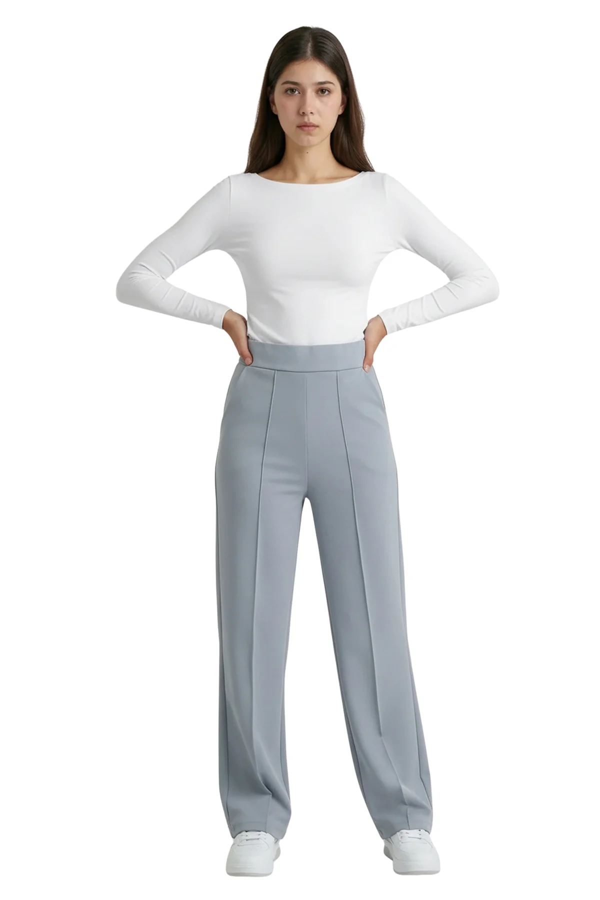 Kadın Gri Yüksek Bel Çimalı Dökümlü Krep Pantolon Esnek Geniş Paça