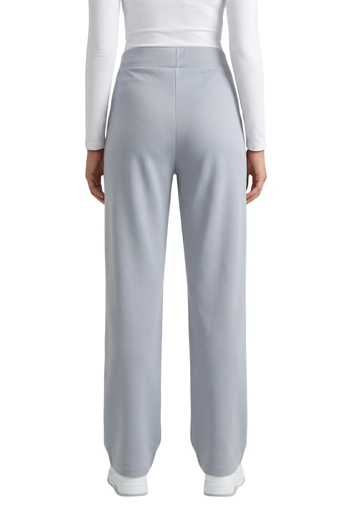 Kadın Gri Yüksek Bel Çimalı Dökümlü Krep Pantolon Esnek Geniş Paça