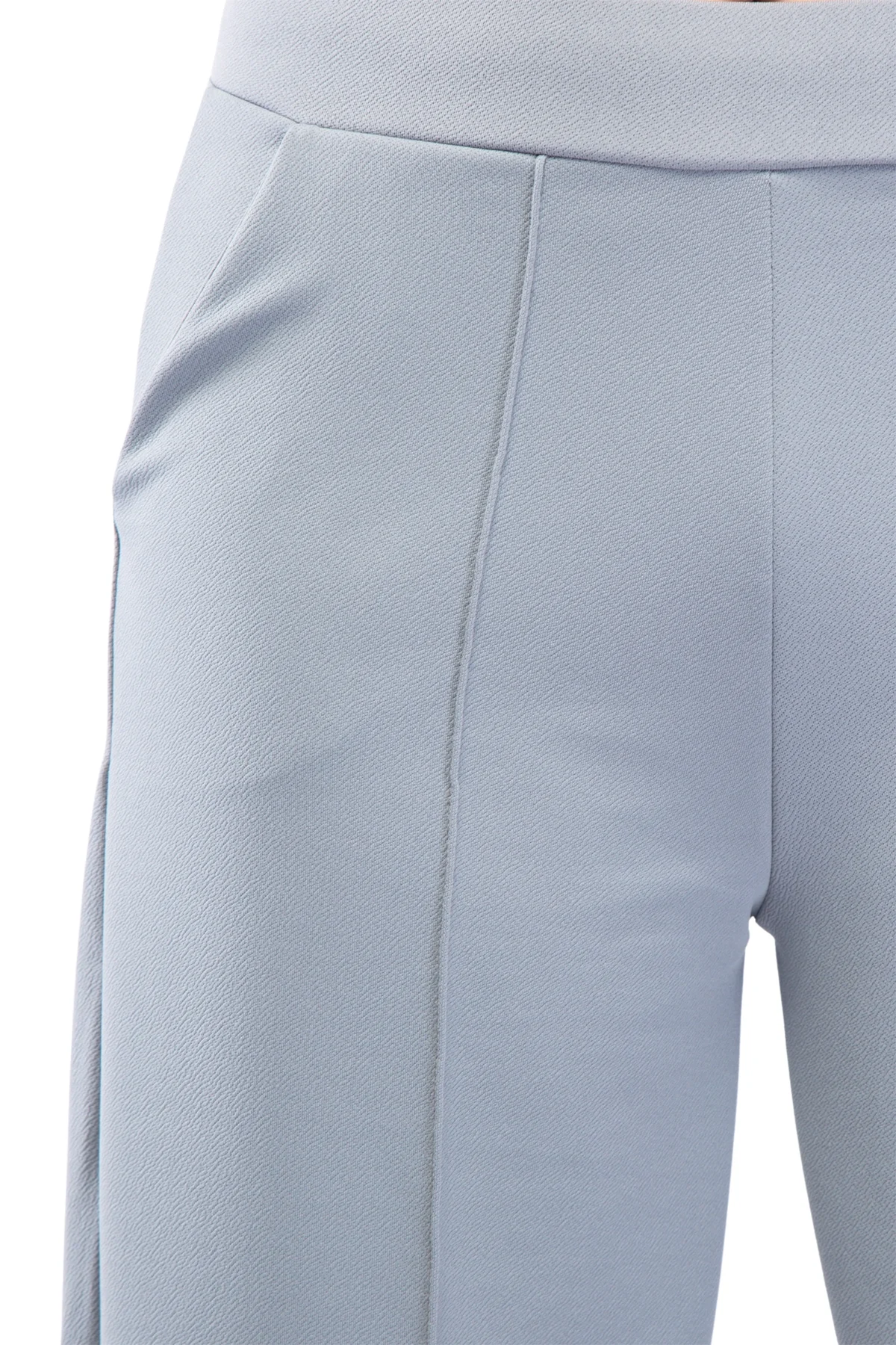 Kadın Gri Yüksek Bel Çimalı Dökümlü Krep Pantolon Esnek Geniş Paça