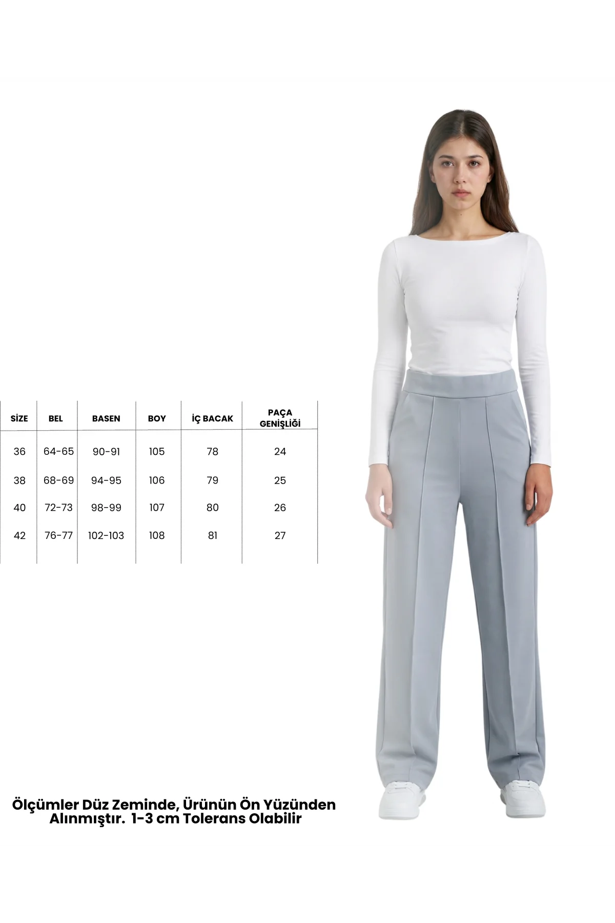 Kadın Gri Yüksek Bel Çimalı Dökümlü Krep Pantolon Esnek Geniş Paça