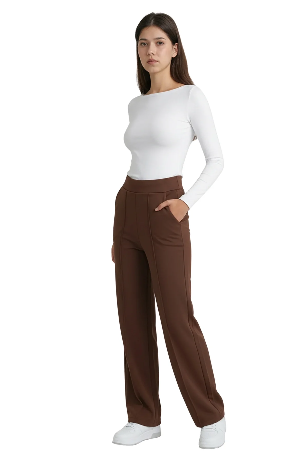 Kadın Kahverengi Yüksek Bel Çimalı Dökümlü Krep Pantolon Esnek Geniş Paça