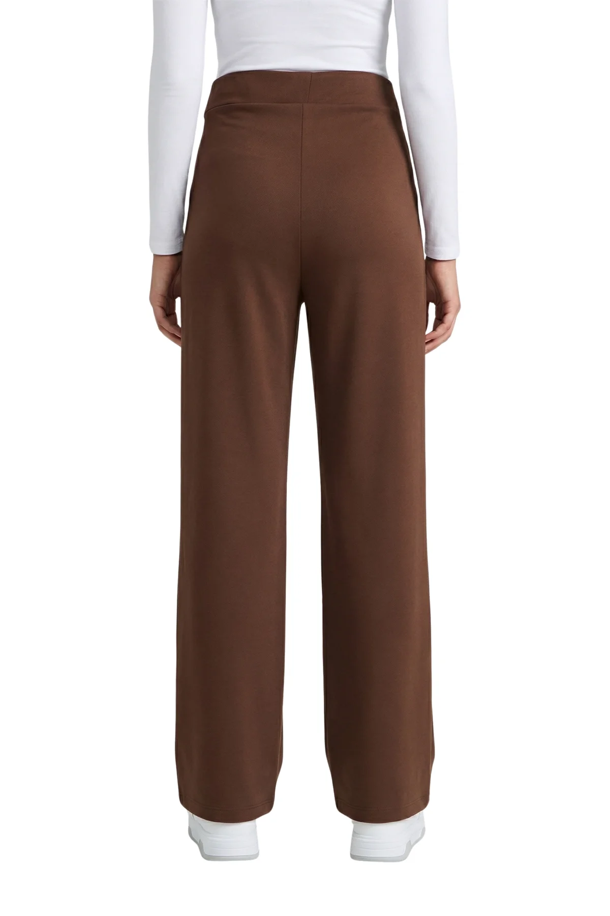 Kadın Kahverengi Yüksek Bel Çimalı Dökümlü Krep Pantolon Esnek Geniş Paça