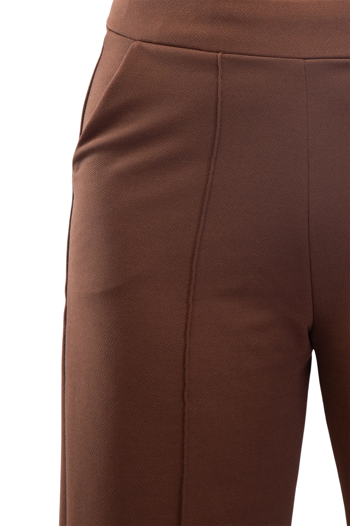 Kadın Kahverengi Yüksek Bel Çimalı Dökümlü Krep Pantolon Esnek Geniş Paça