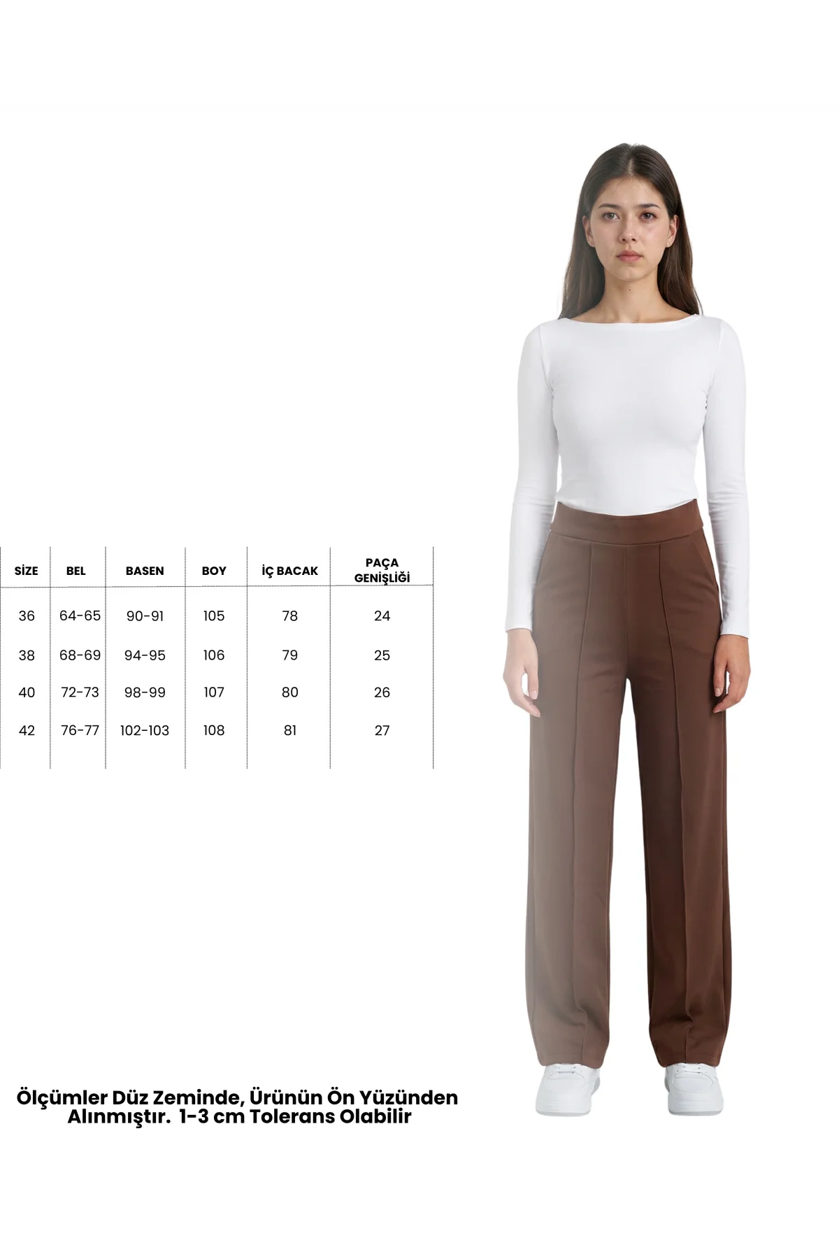 Kadın Kahverengi Yüksek Bel Çimalı Dökümlü Krep Pantolon Esnek Geniş Paça