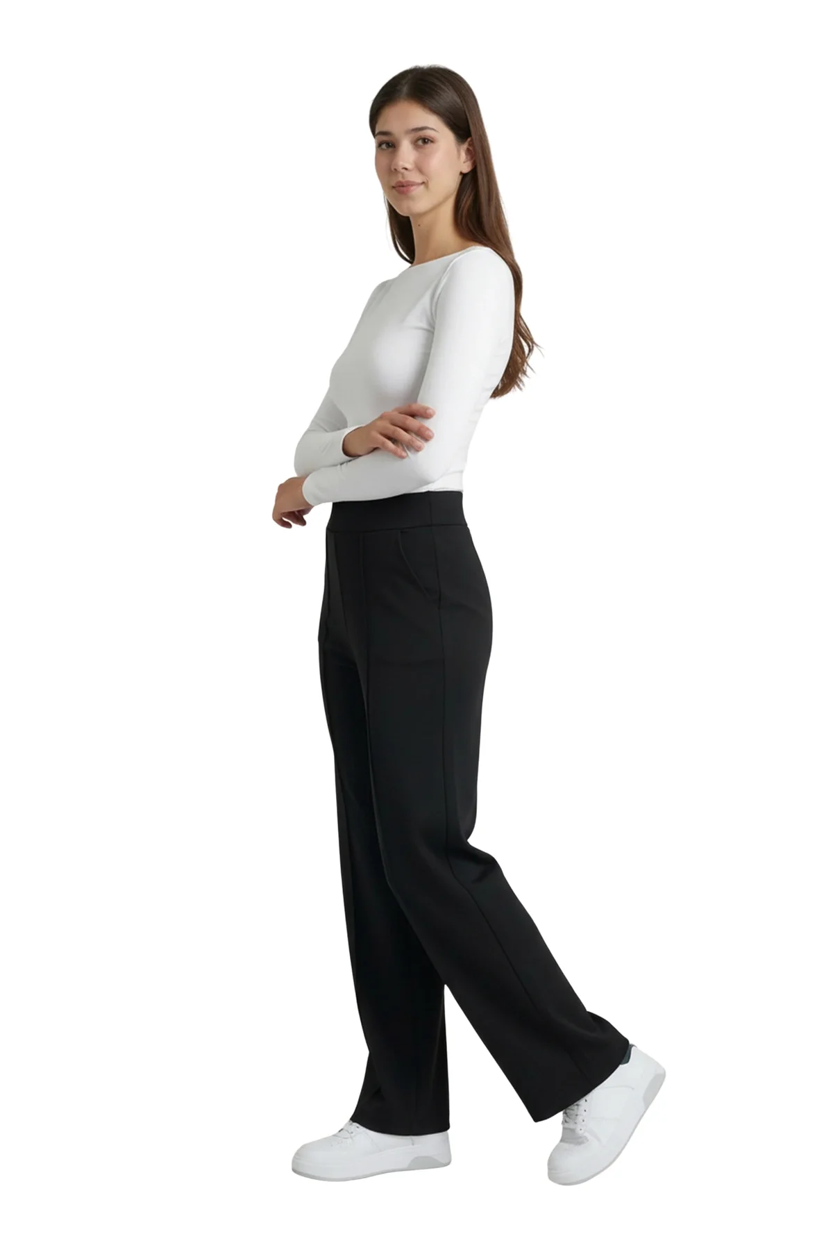 Kadın Siyah Yüksek Bel Çimalı Dökümlü Krep Pantolon Esnek Geniş Paça