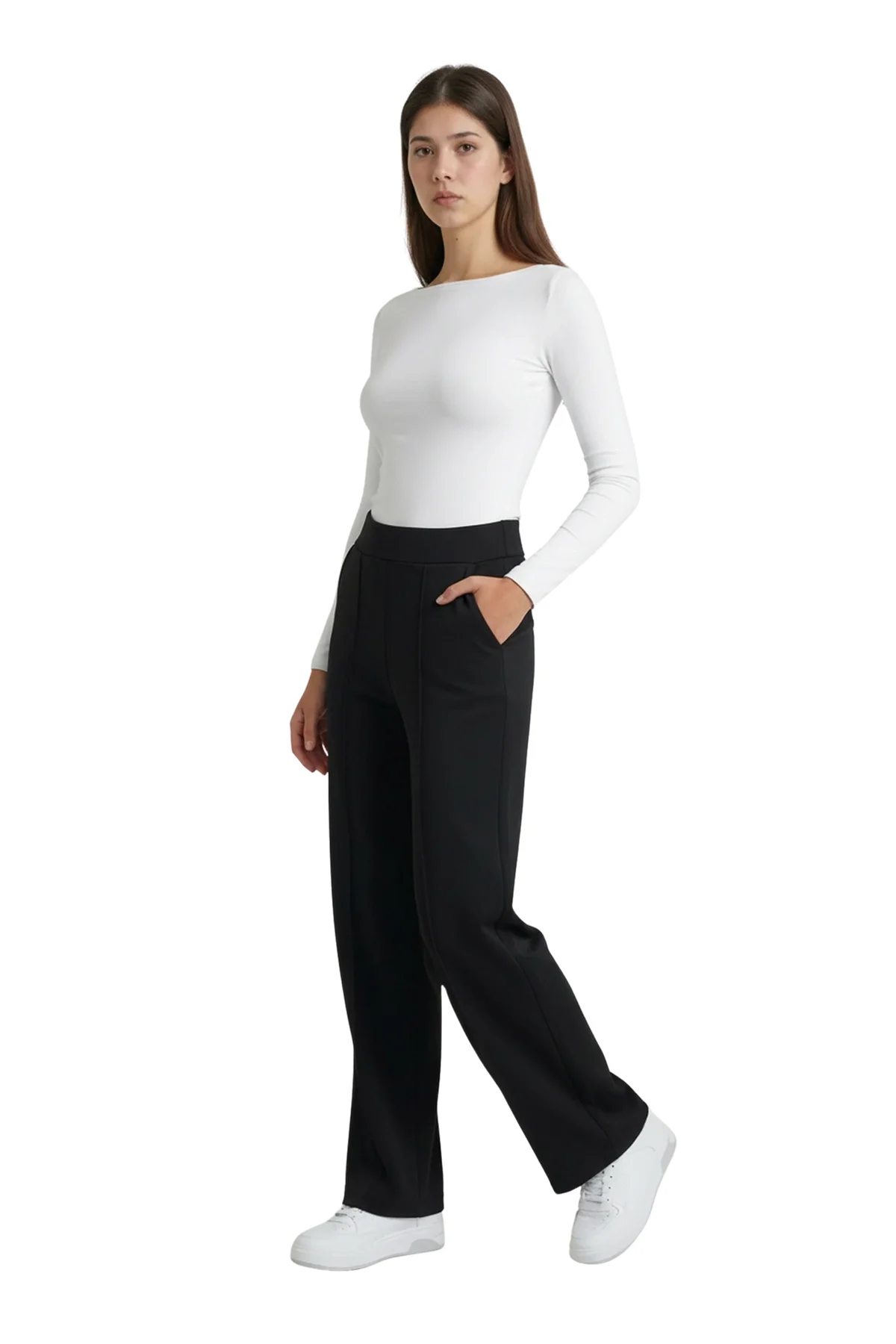 Kadın Siyah Yüksek Bel Çimalı Dökümlü Krep Pantolon Esnek Geniş Paça