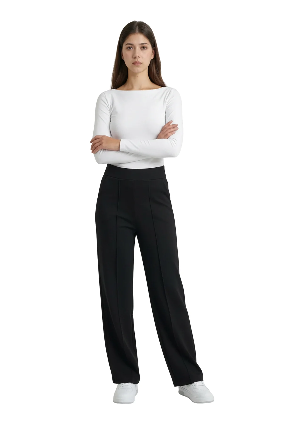 Kadın Siyah Yüksek Bel Çimalı Dökümlü Krep Pantolon Esnek Geniş Paça