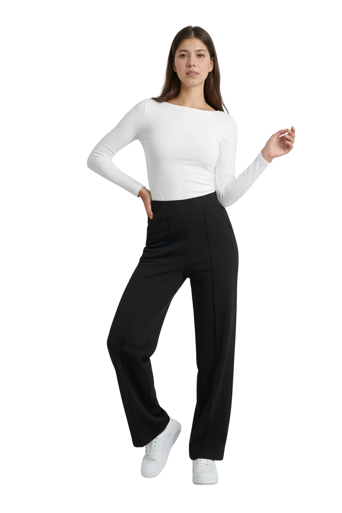 Kadın Siyah Yüksek Bel Çimalı Dökümlü Krep Pantolon Esnek Geniş Paça