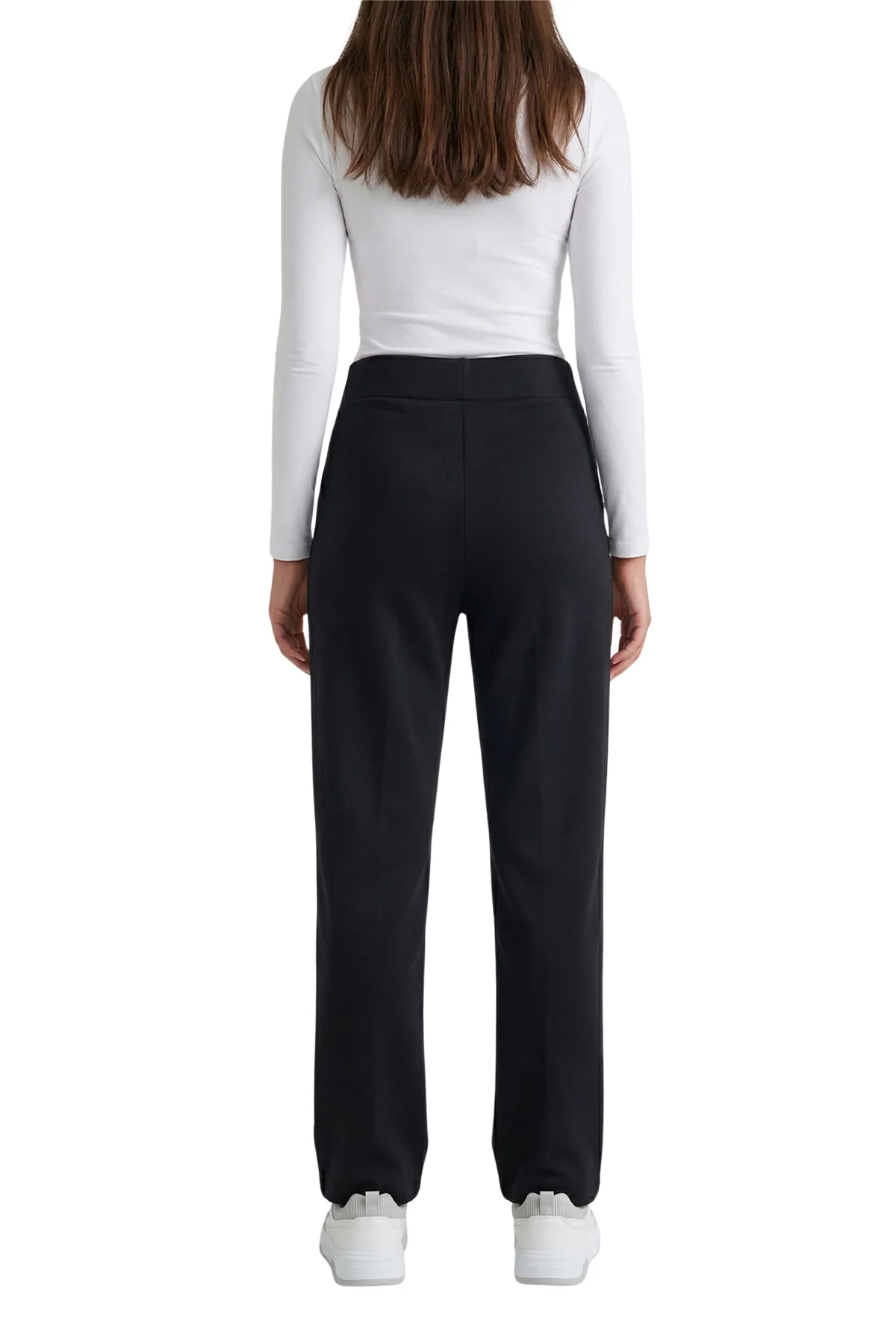 Kadın Siyah Yüksek Bel Çimalı Dökümlü Krep Pantolon Esnek Geniş Paça