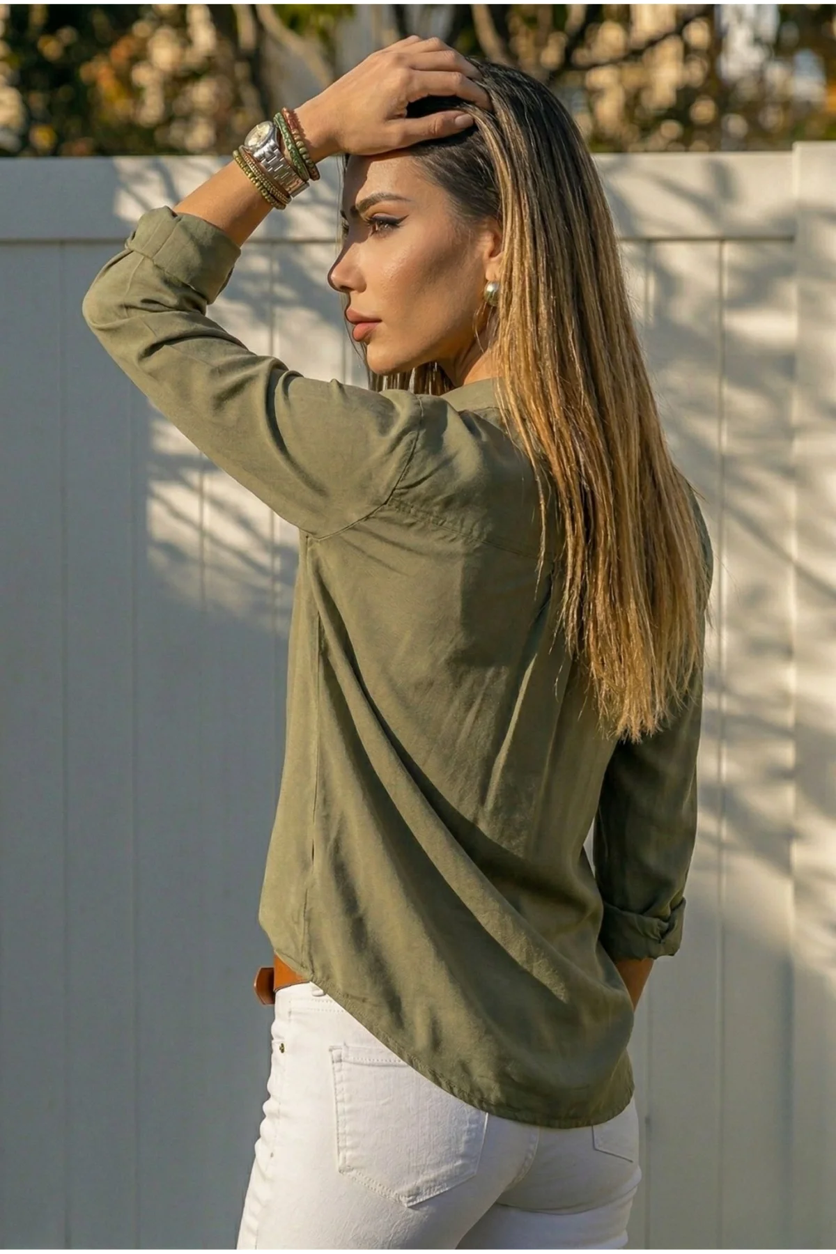 Kadın Haki Düz Renk Dokuma Pamuklu Viskon Kumaş Uzun Kollu Basic Gömlek