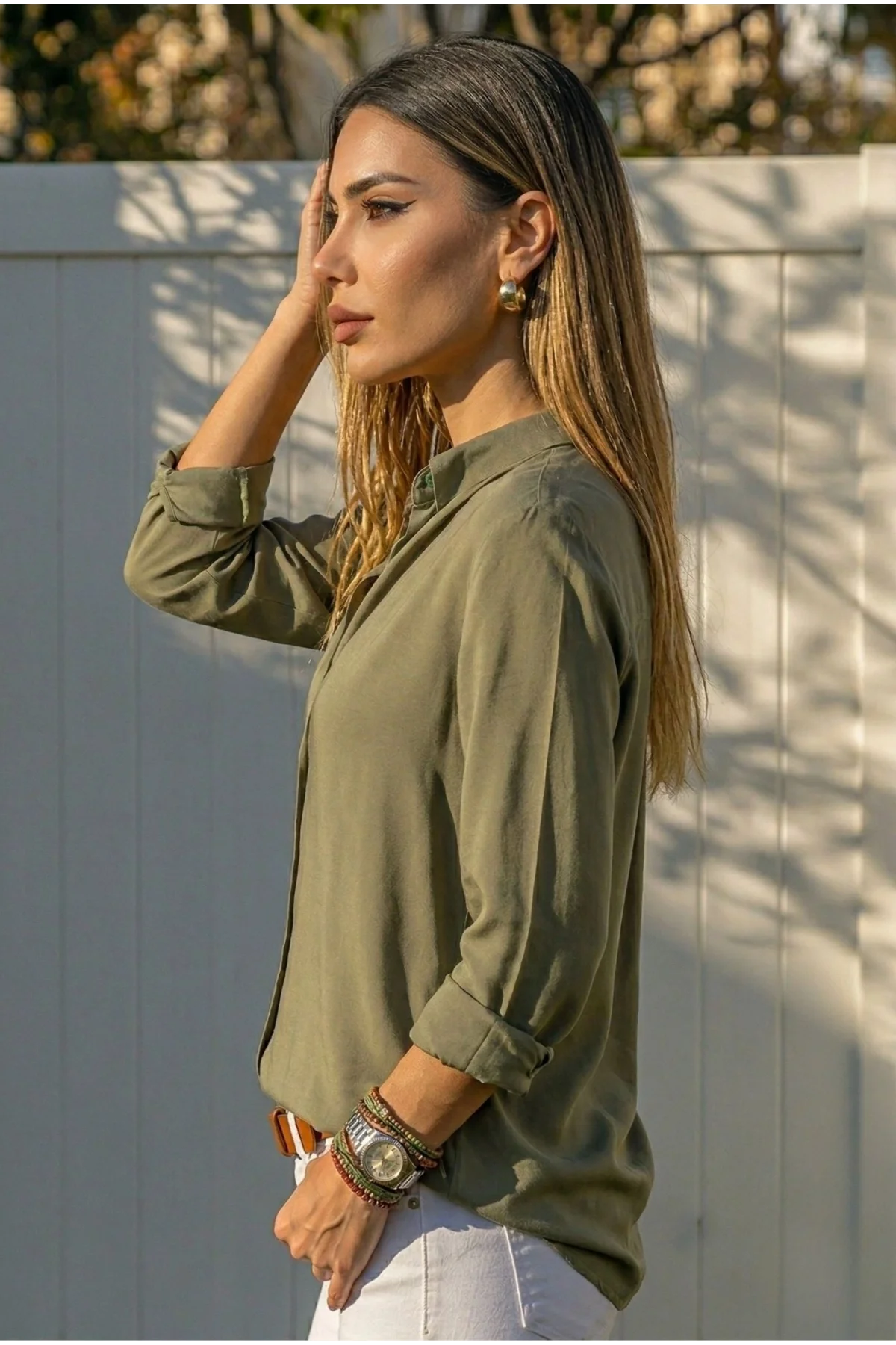 Kadın Haki Düz Renk Dokuma Pamuklu Viskon Kumaş Uzun Kollu Basic Gömlek