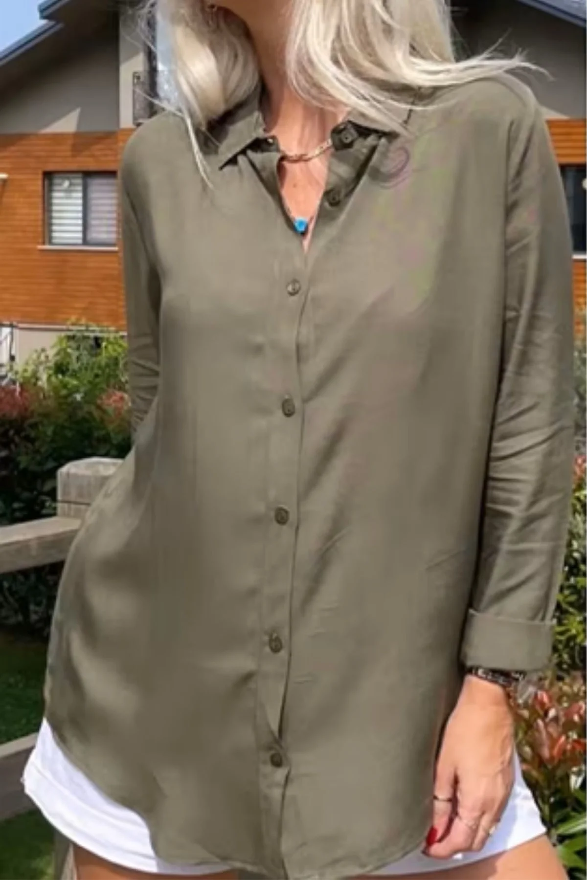 Kadın Haki Düz Renk Dokuma Pamuklu Viskon Kumaş Uzun Kollu Basic Gömlek