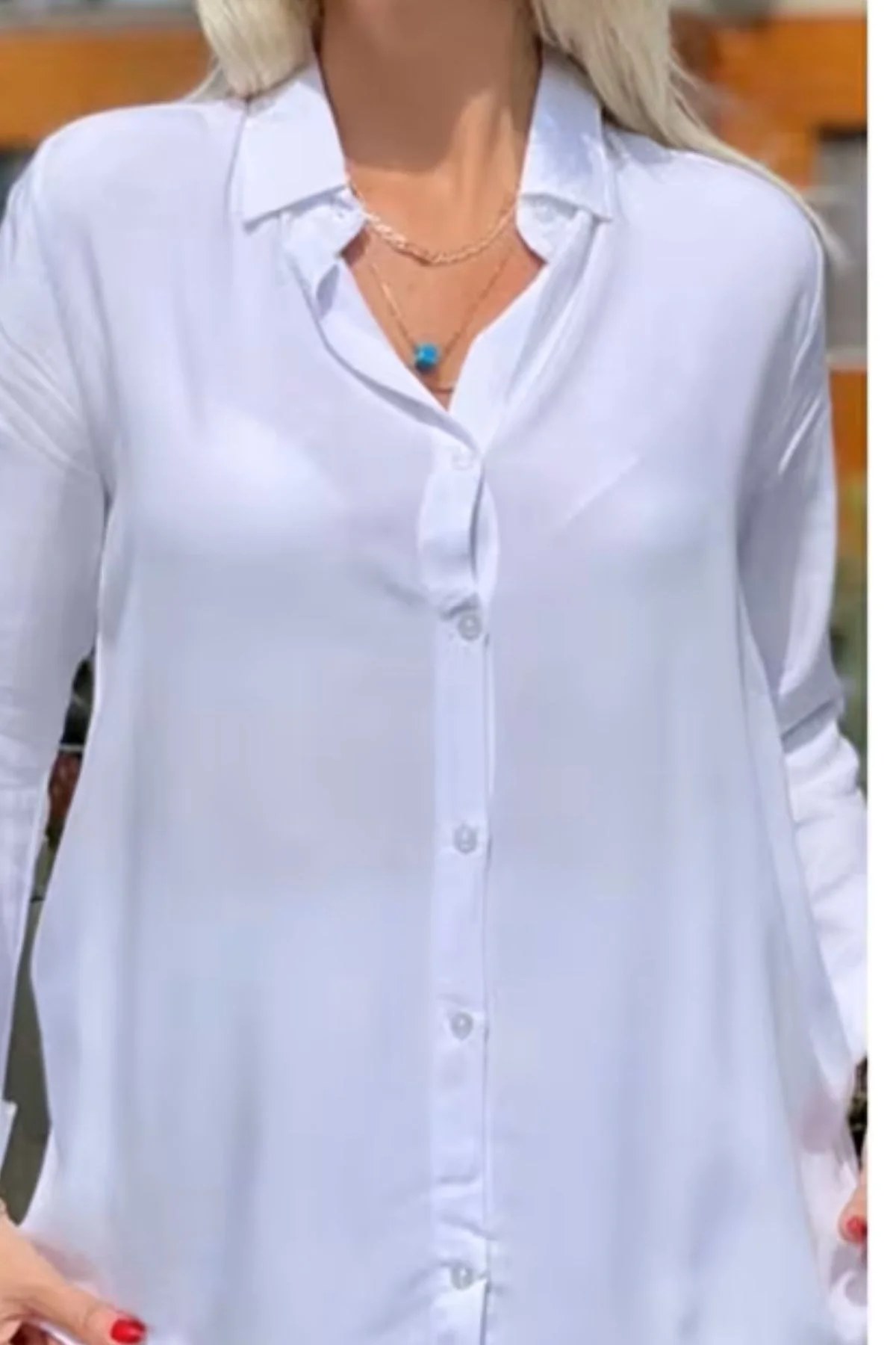 Kadın Beyaz Düz Renk Dokuma Pamuklu Viskon Kumaş Uzun Kollu Basic Gömlek