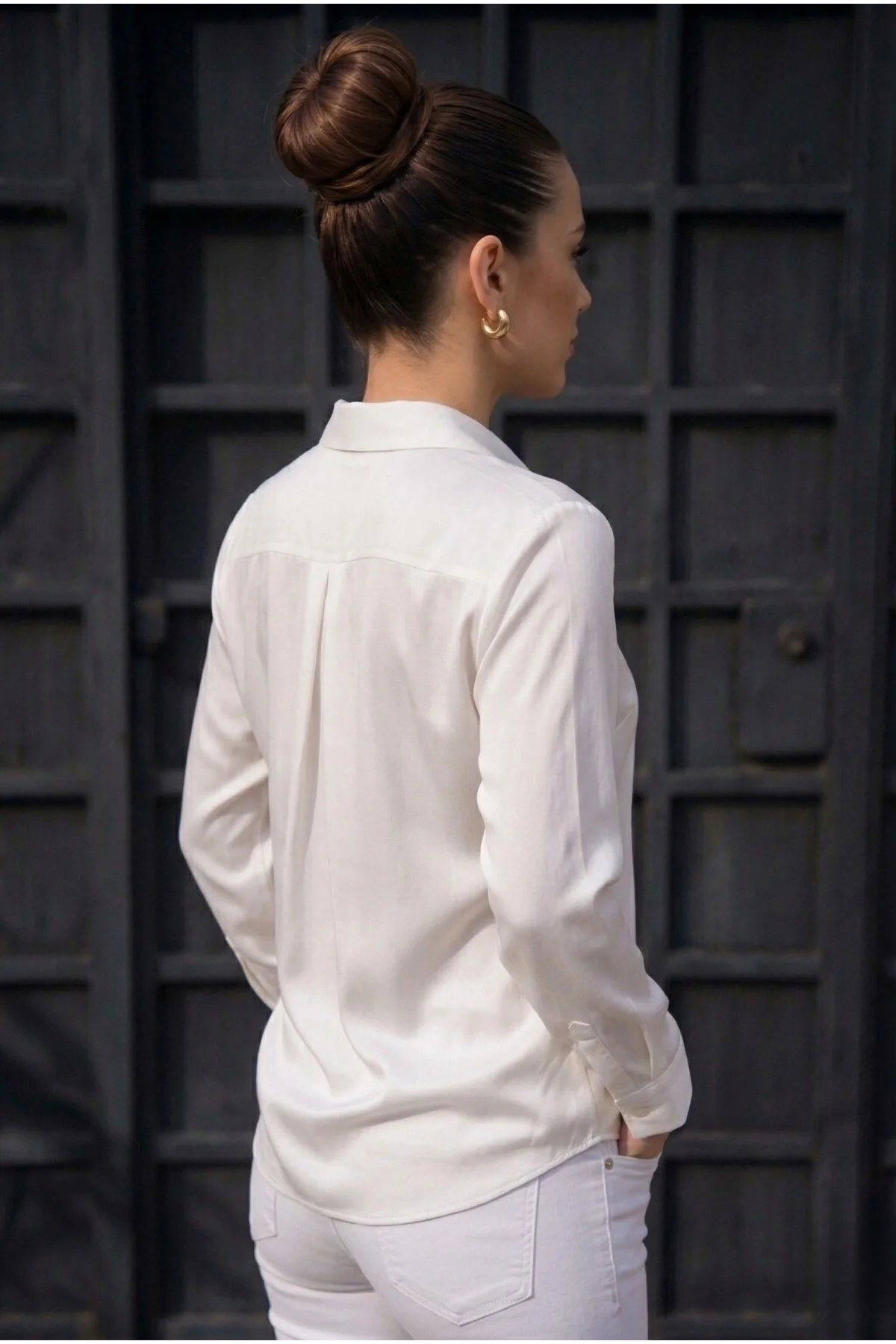 Kadın Beyaz Düz Renk Dokuma Pamuklu Viskon Kumaş Uzun Kollu Basic Gömlek