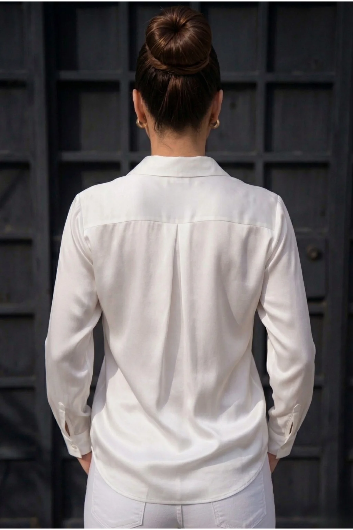 Kadın Beyaz Düz Renk Dokuma Pamuklu Viskon Kumaş Uzun Kollu Basic Gömlek