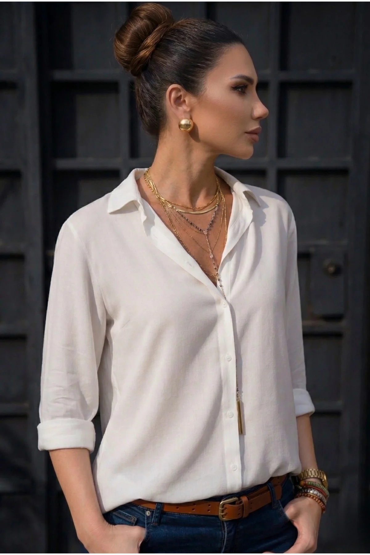 Kadın Beyaz Düz Renk Dokuma Pamuklu Viskon Kumaş Uzun Kollu Basic Gömlek