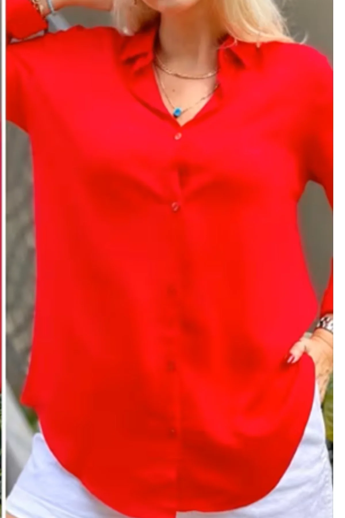 Kadın Kırmızı Düz Renk Dokuma Pamuklu Viskon Kumaş Uzun Kollu Basic Gömlek
