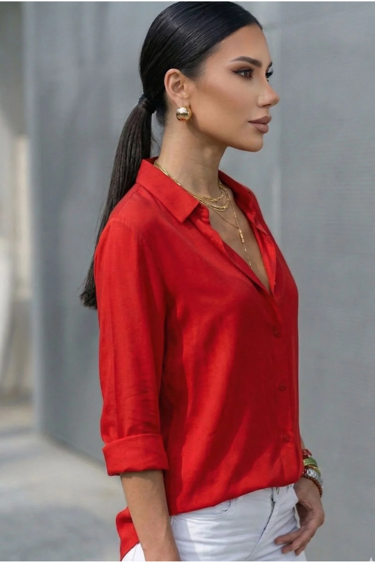 Kadın Kırmızı Düz Renk Dokuma Pamuklu Viskon Kumaş Uzun Kollu Basic Gömlek