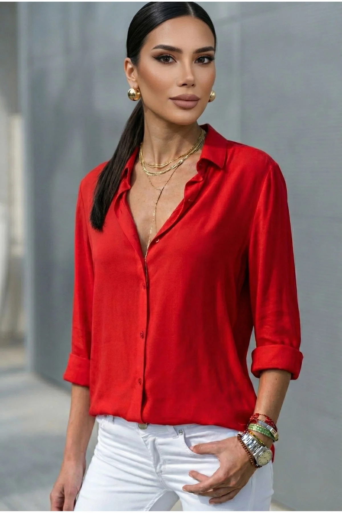 Kadın Kırmızı Düz Renk Dokuma Pamuklu Viskon Kumaş Uzun Kollu Basic Gömlek