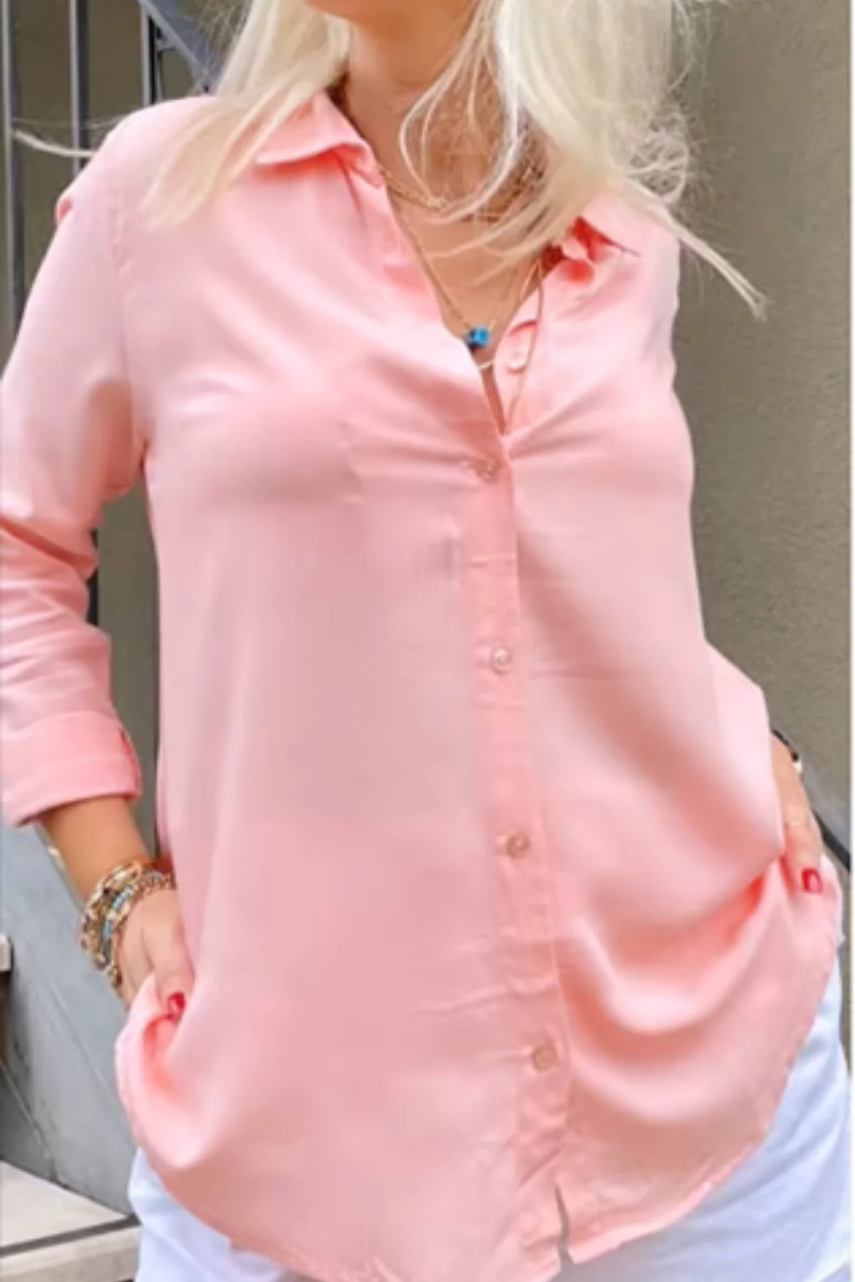 Kadın Pembe Düz Renk Dokuma Pamuklu Viskon Kumaş Uzun Kollu Basic Gömlek