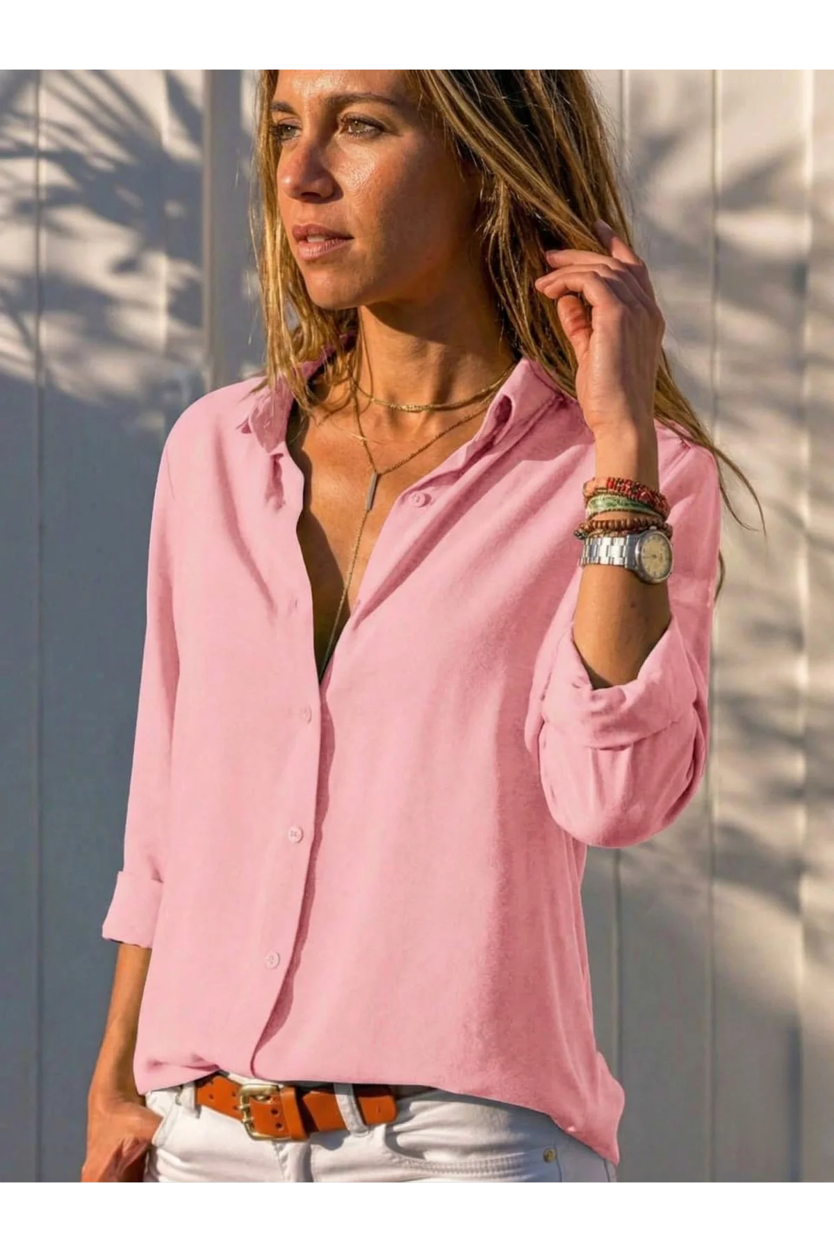 Kadın Pembe Düz Renk Dokuma Pamuklu Viskon Kumaş Uzun Kollu Basic Gömlek