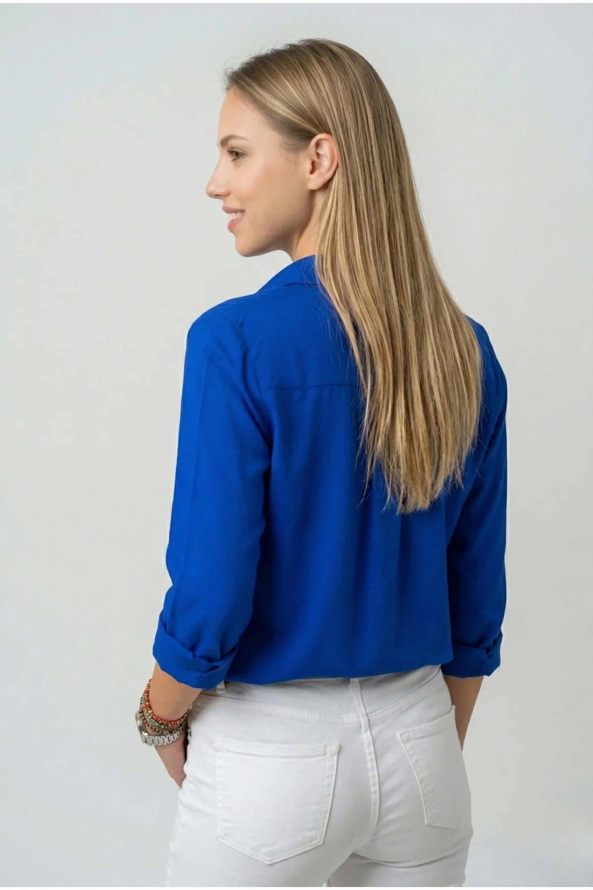 Kadın Saks Mavisi Düz Renk Dokuma Pamuklu Viskon Kumaş Uzun Kollu Basic Gömle