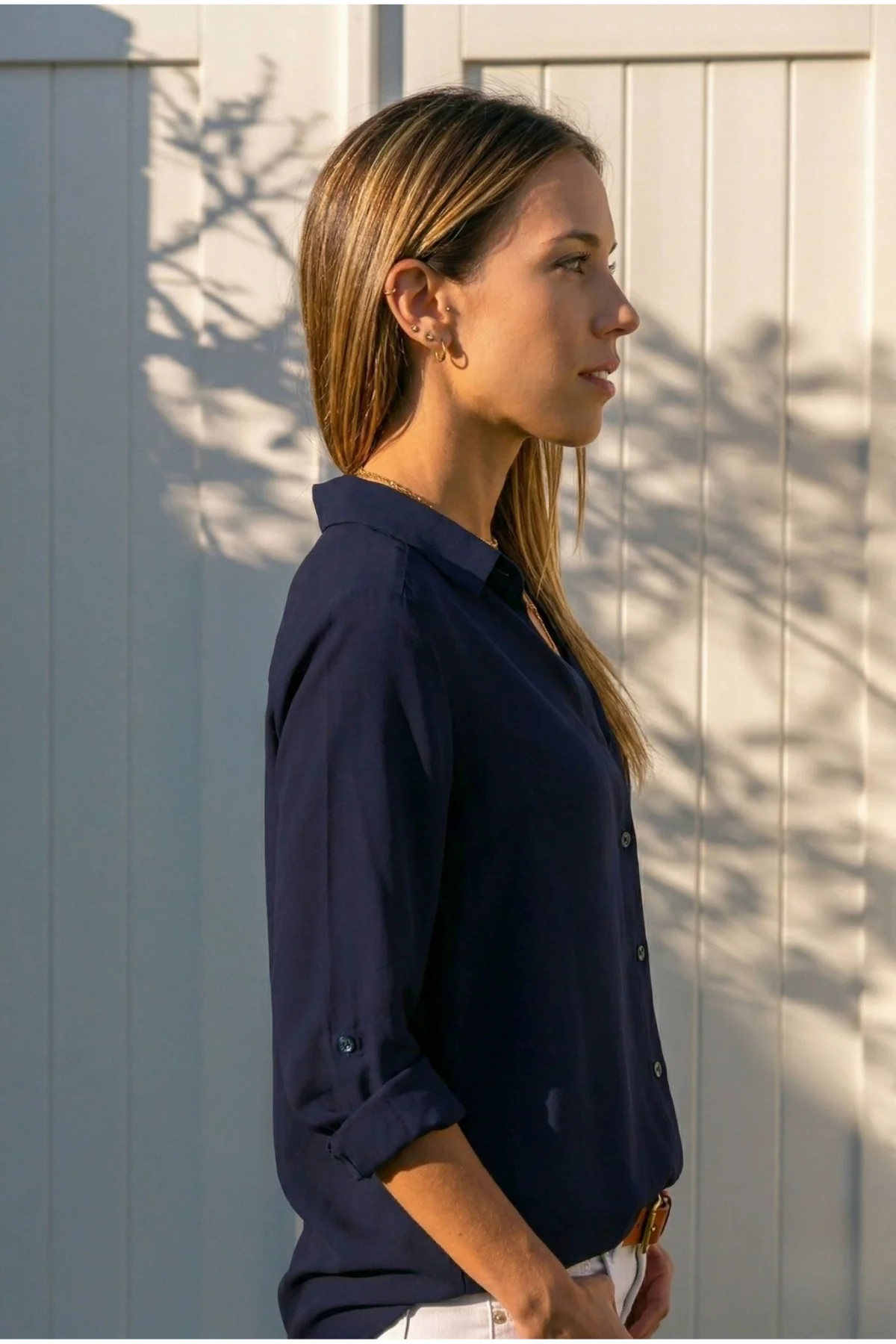 Kadın Lacivert Düz Renk Dokuma Pamuklu Viskon Kumaş Uzun Kollu Basic Gömlek