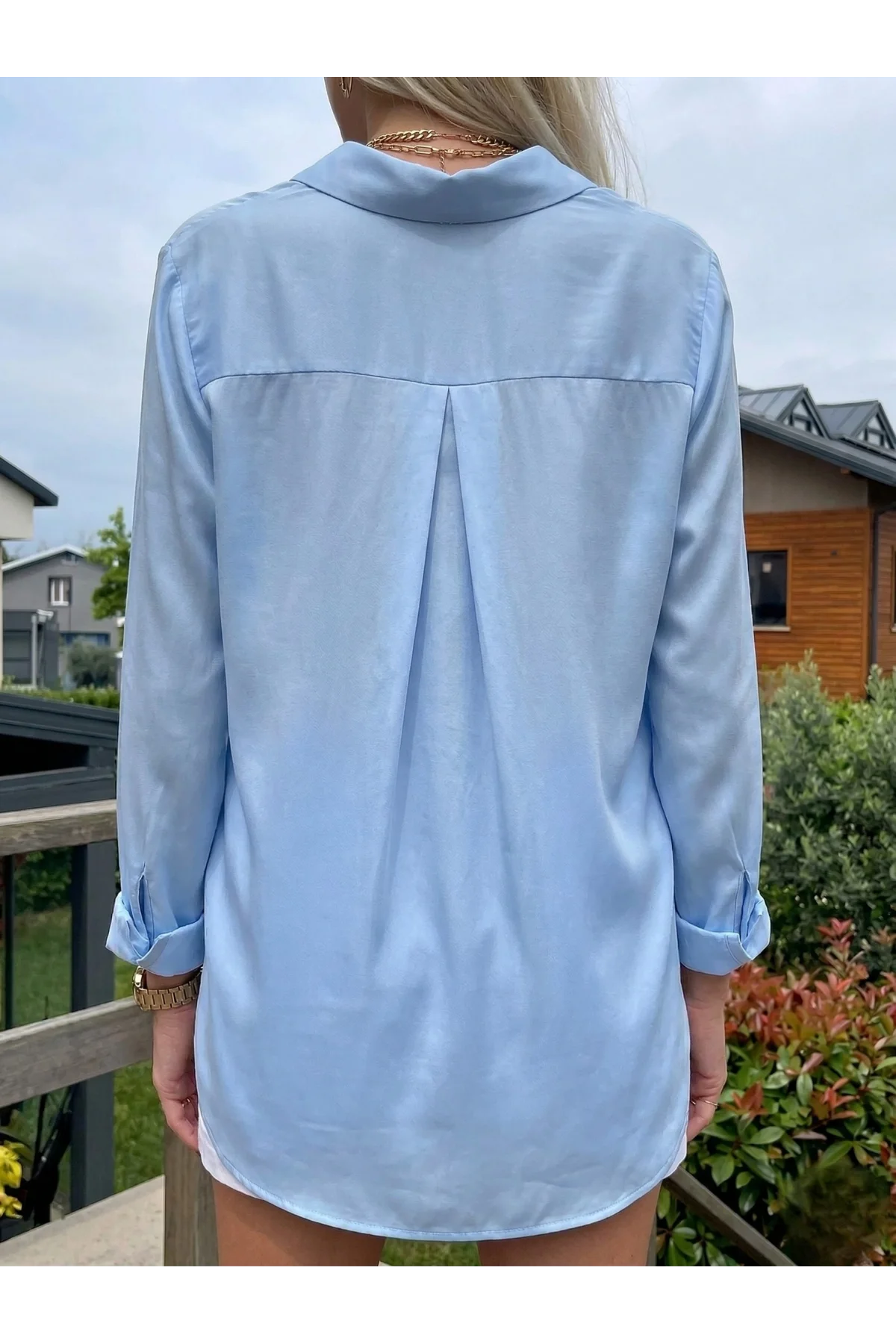 Kadın Açık Mavi Düz Renk Dokuma Pamuklu Viskon Kumaş Uzun Kollu Basic Gömlek