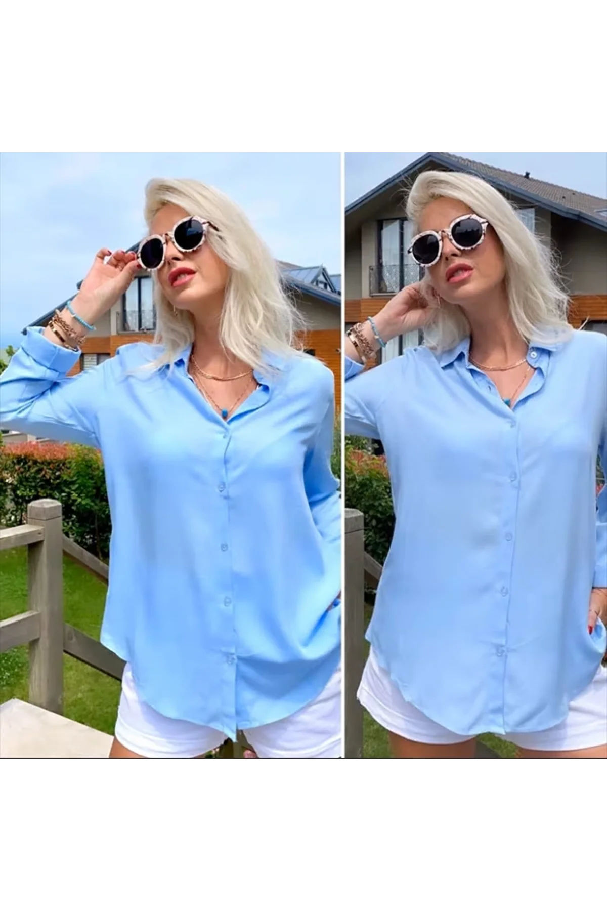 Kadın Açık Mavi Düz Renk Dokuma Pamuklu Viskon Kumaş Uzun Kollu Basic Gömlek