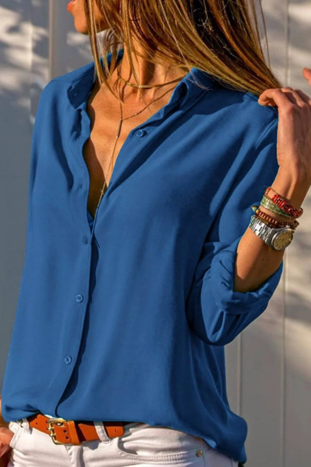 Kadın Mavi Düz Renk Dokuma Pamuklu Viskon Kumaş Uzun Kollu Basic Gömlek