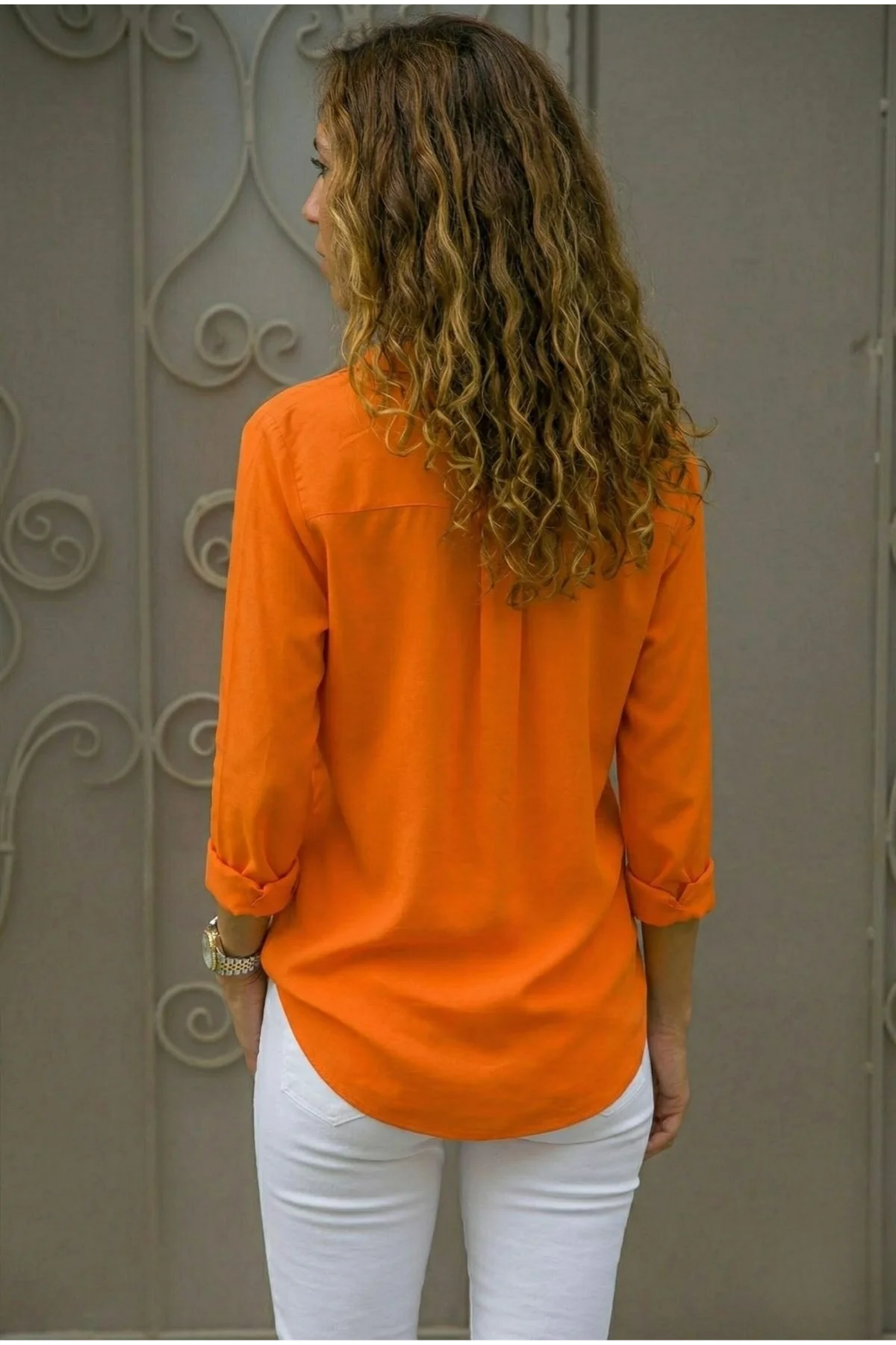 Kadın Turuncu Düz Renk Dokuma Pamuklu Viskon Kumaş Uzun Kollu Basic Gömlek