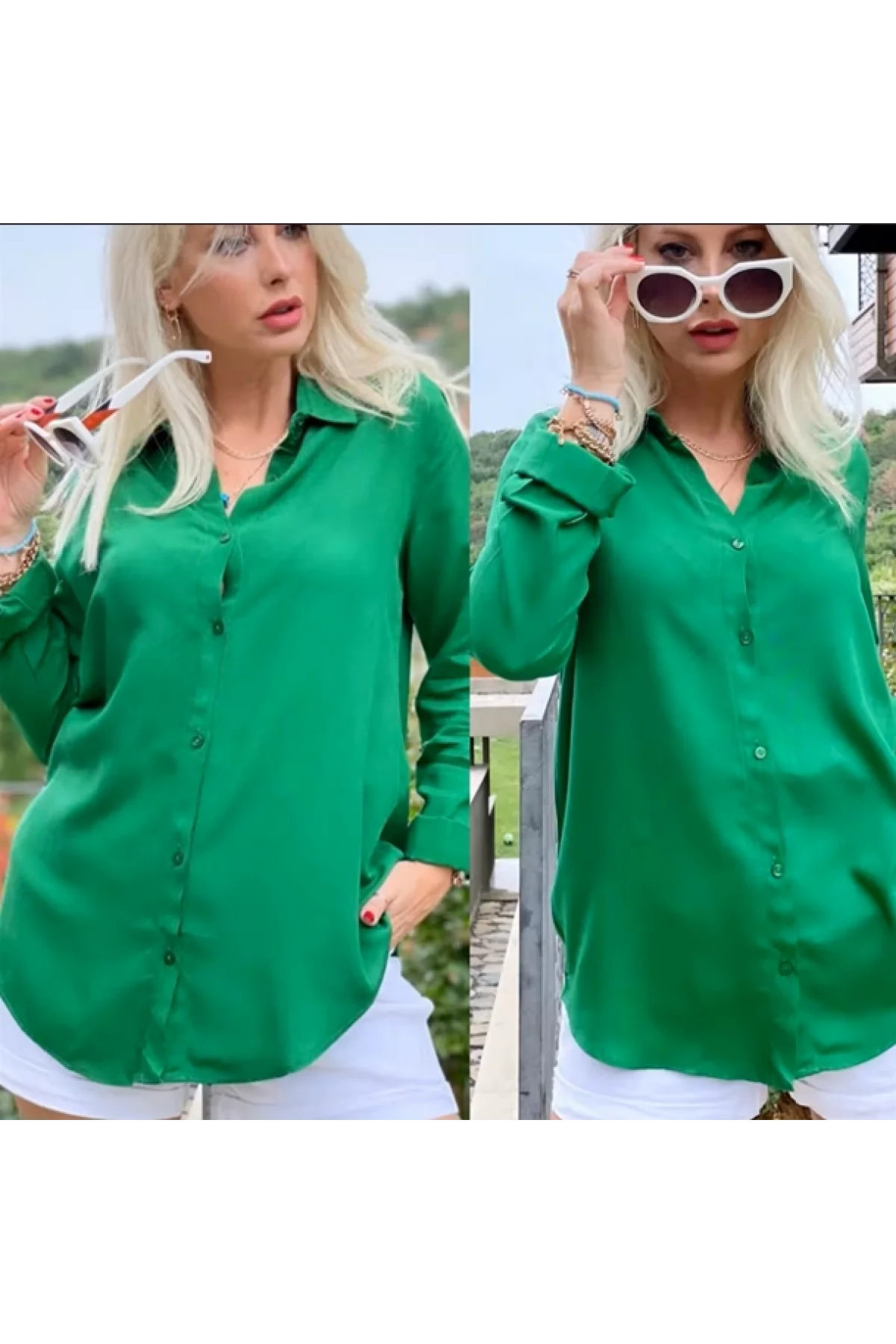 Kadın Yeşil Düz Renk Dokuma Pamuklu Viskon Kumaş Uzun Kollu Basic Gömlek