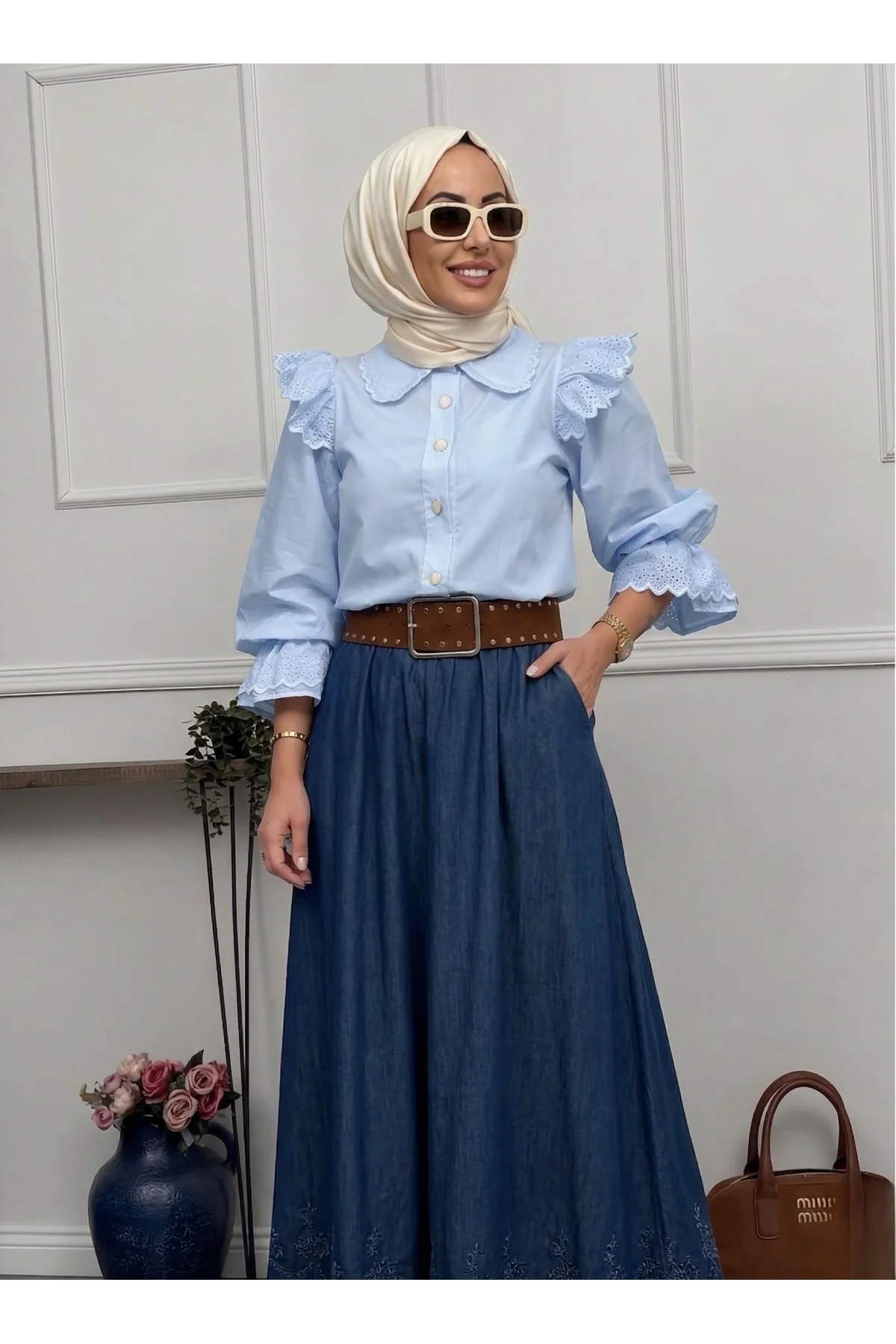 Kadın Bebe Mavi Fisto Detaylı Geniş Yakalı Balon Kol Pamuk Keten Gömlek Bluz