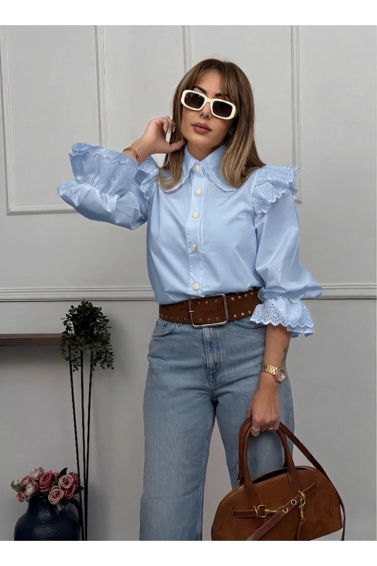 Kadın Bebe Mavi Fisto Detaylı Geniş Yakalı Balon Kol Pamuk Keten Gömlek Bluz