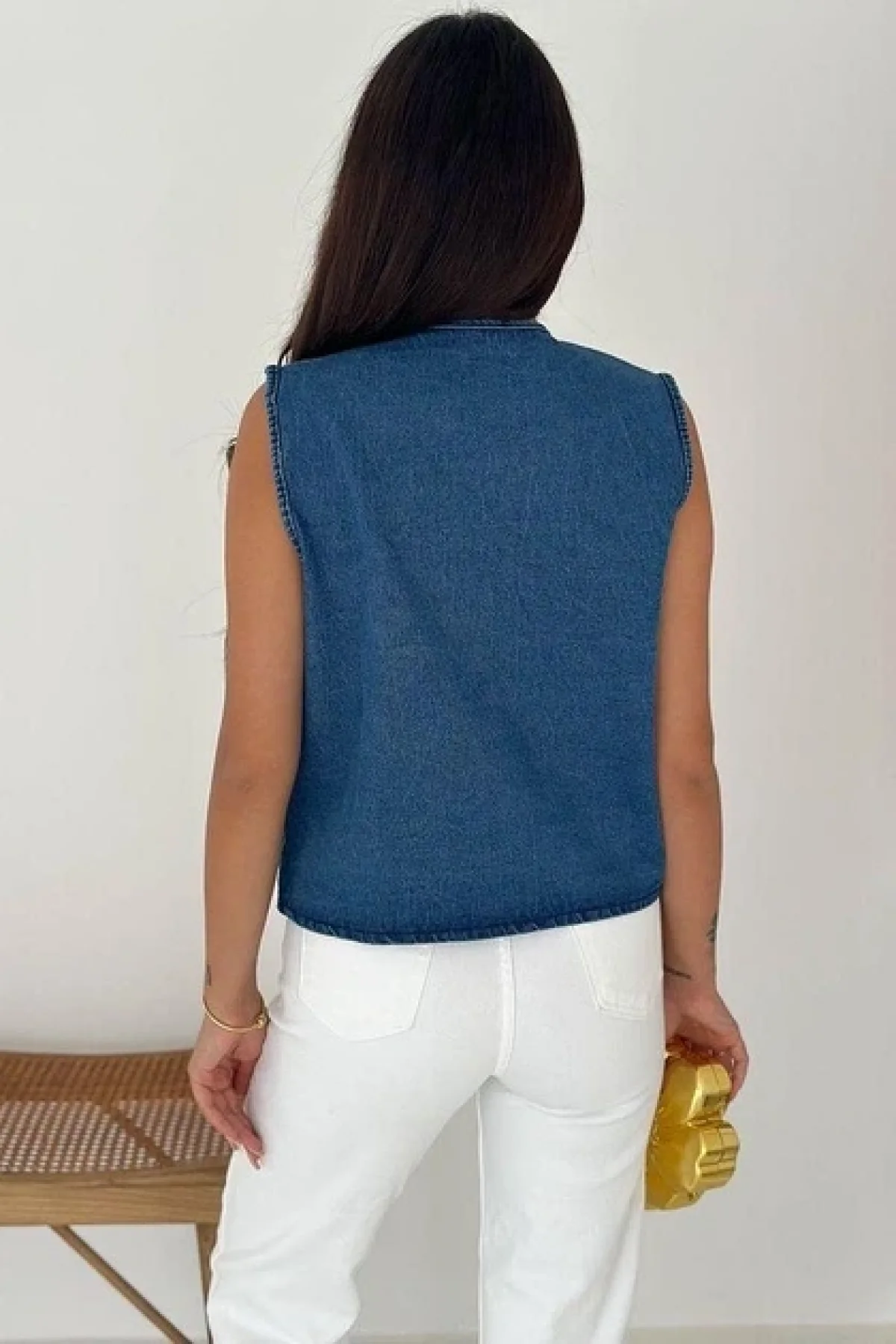 Kadın Mavi Etnik Nakışlı Bohem Jean Yelek Pinterest Tarzı Kot Yelek