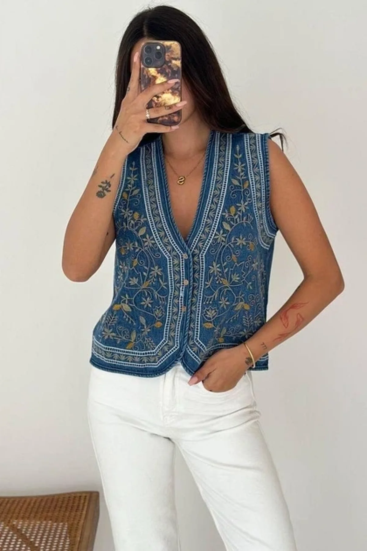 Kadın Mavi Etnik Nakışlı Bohem Jean Yelek Pinterest Tarzı Kot Yelek