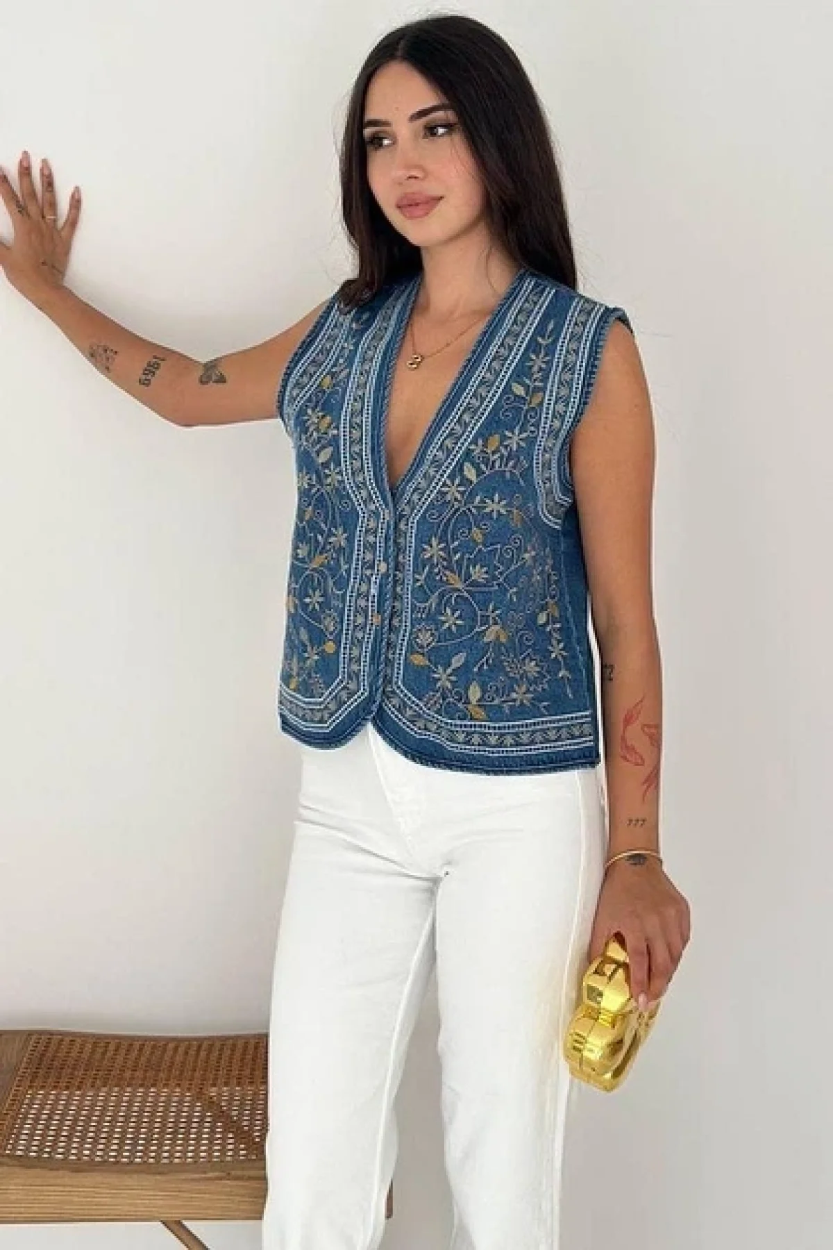 Kadın Mavi Etnik Nakışlı Bohem Jean Yelek Pinterest Tarzı Kot Yelek